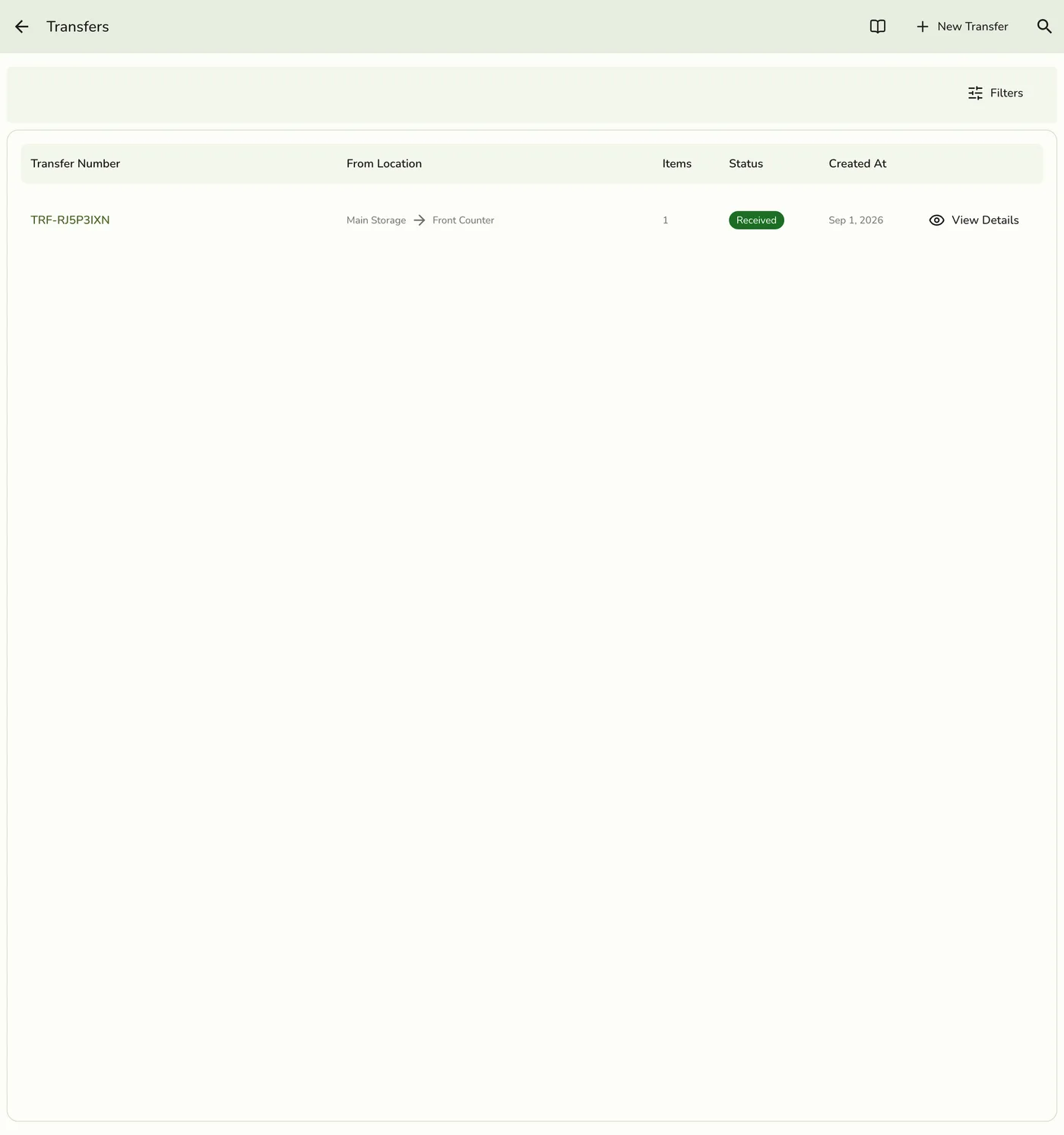 The Transfers screen in Fuze Store, listing stock transfers between locations with their status