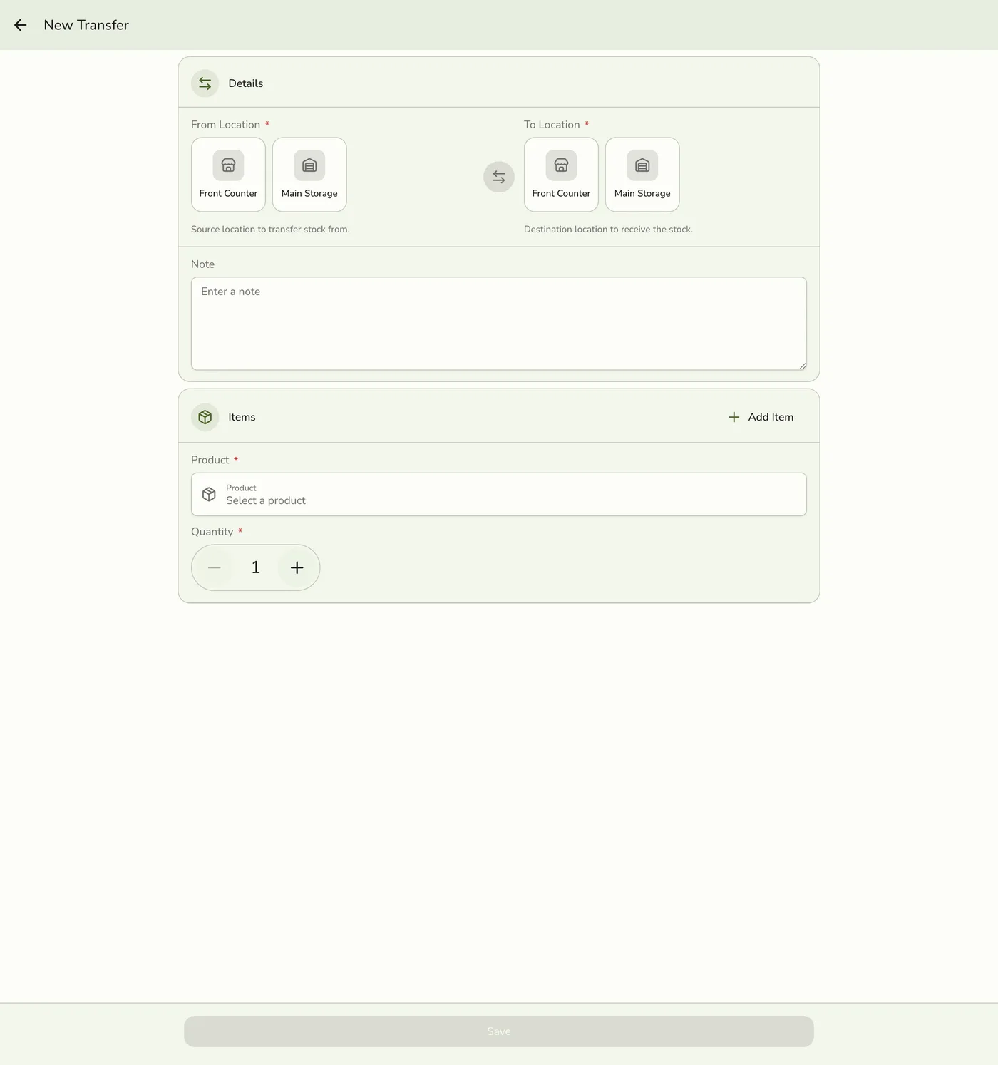 The New Transfer form in Fuze Store, empty, showing From Location, To Location, and Items sections