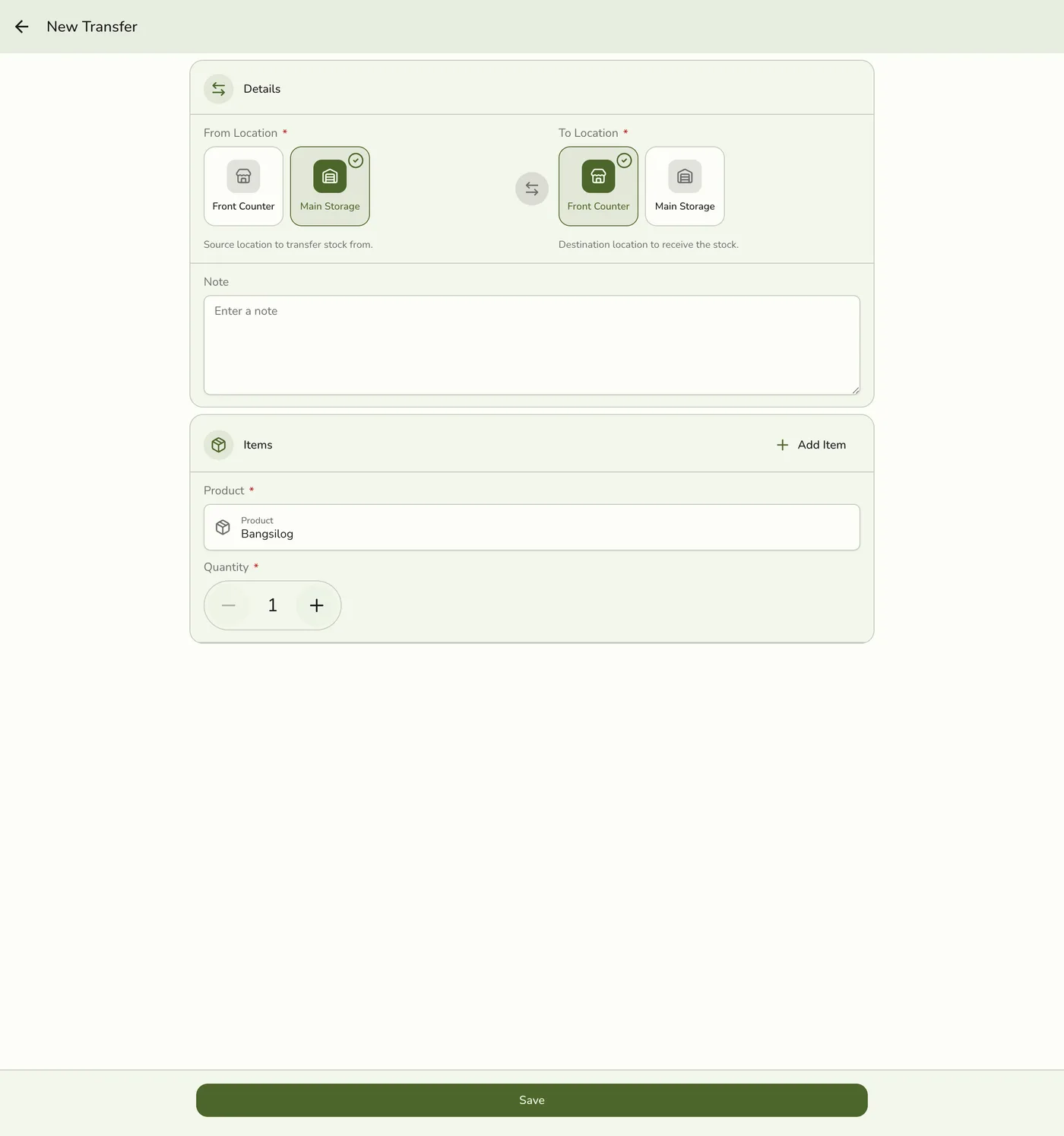 The New Transfer form with Main Storage as the source, Front Counter as the destination, and a product added as a line item