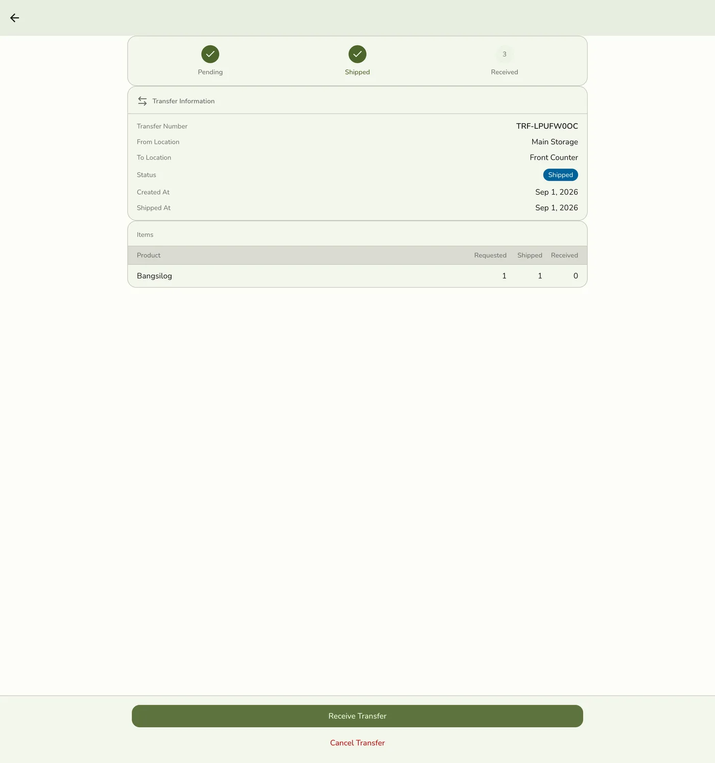 A stock transfer detail screen after tapping Ship Transfer, now showing Shipped status