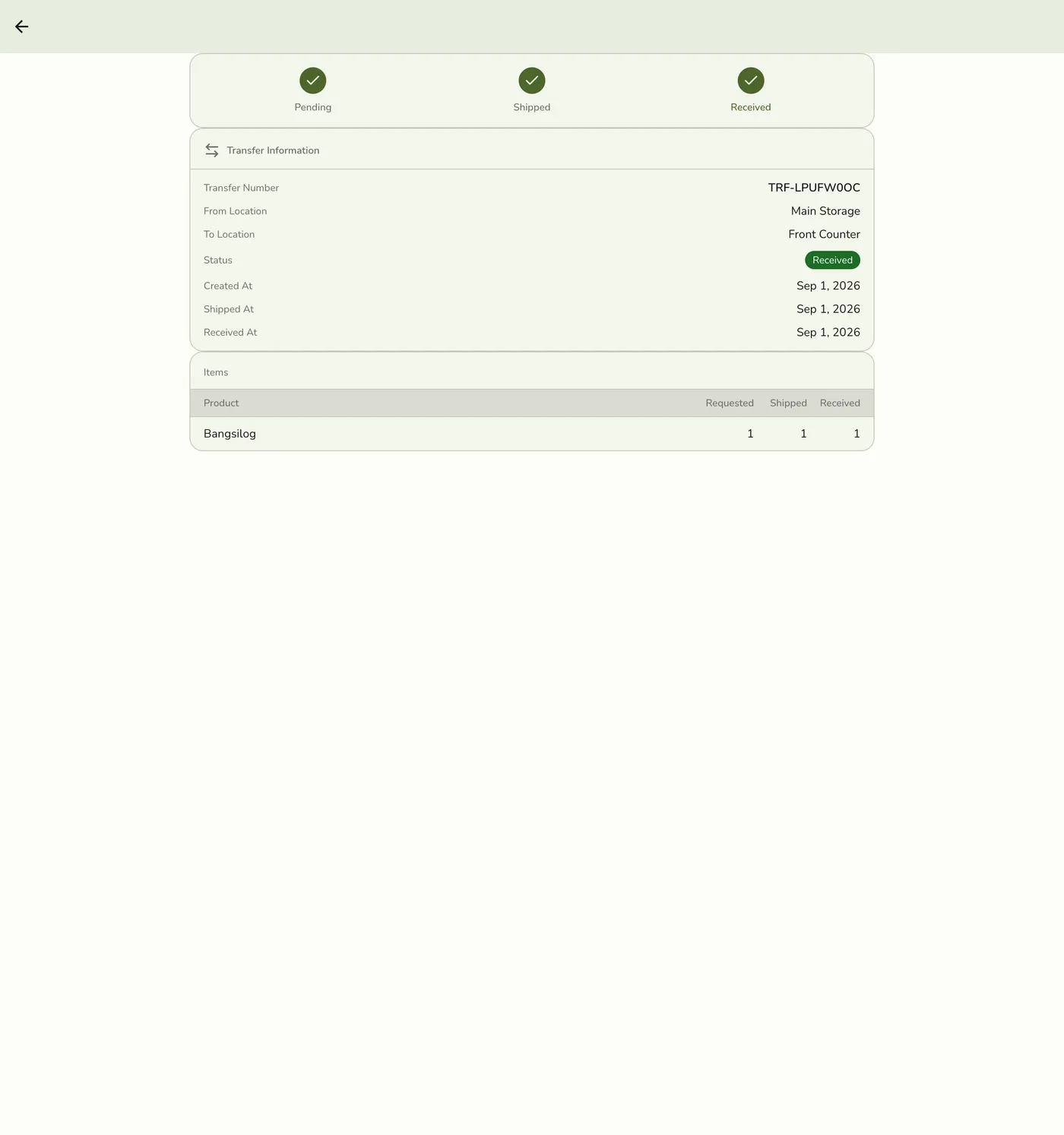 A stock transfer detail screen after tapping Receive Transfer, now showing Received status