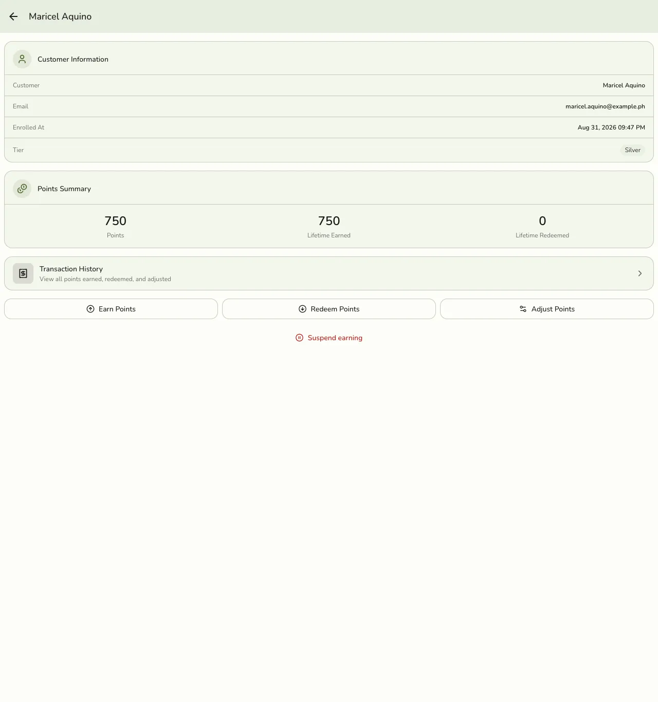 A customer's loyalty membership screen in Fuze Store showing their Silver tier, points balance, lifetime earned and redeemed, and Earn Points, Redeem Points, and Adjust Points buttons