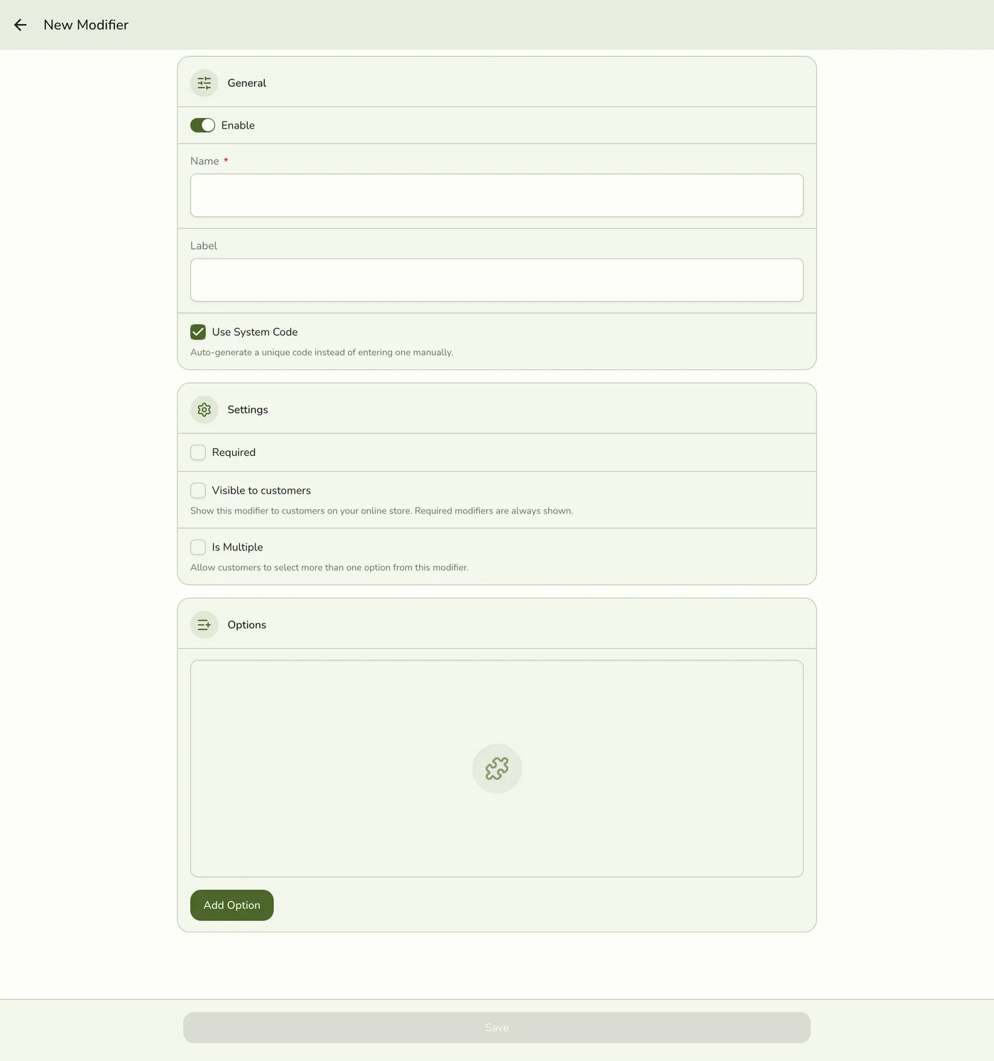 The new Modifier form in Fuze Store, empty and ready to fill in