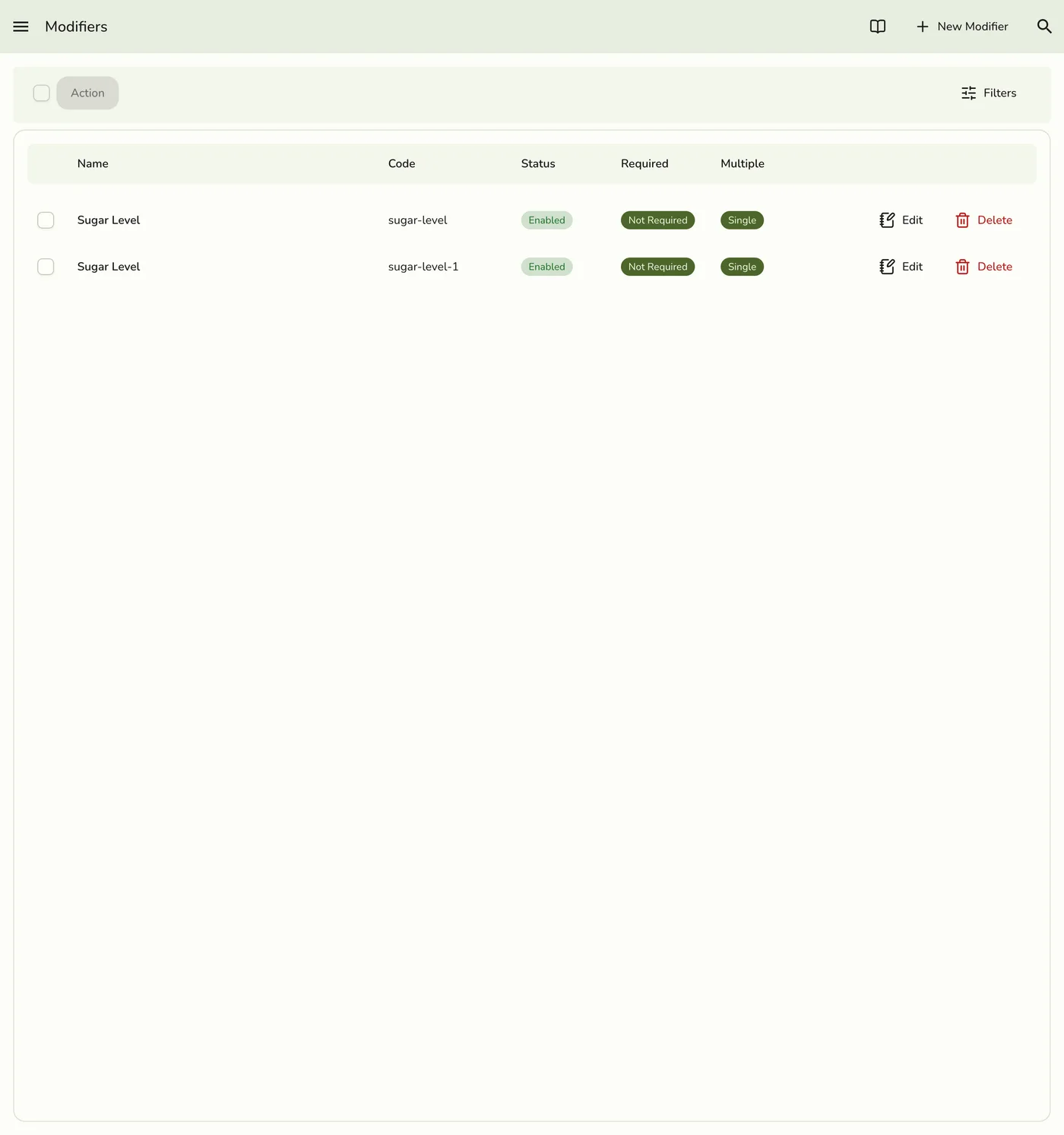 The Modifiers screen in Fuze Store