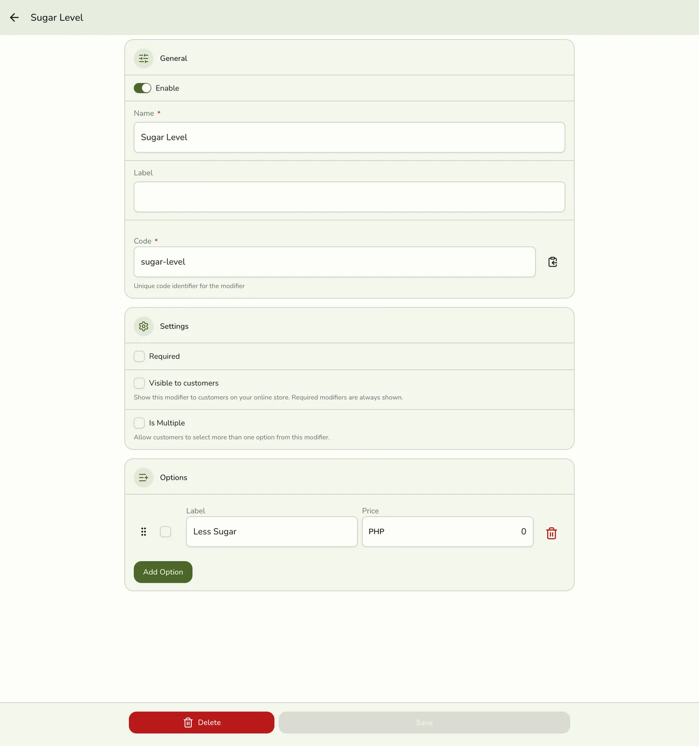 The edit Modifier form showing the current values, ready to update