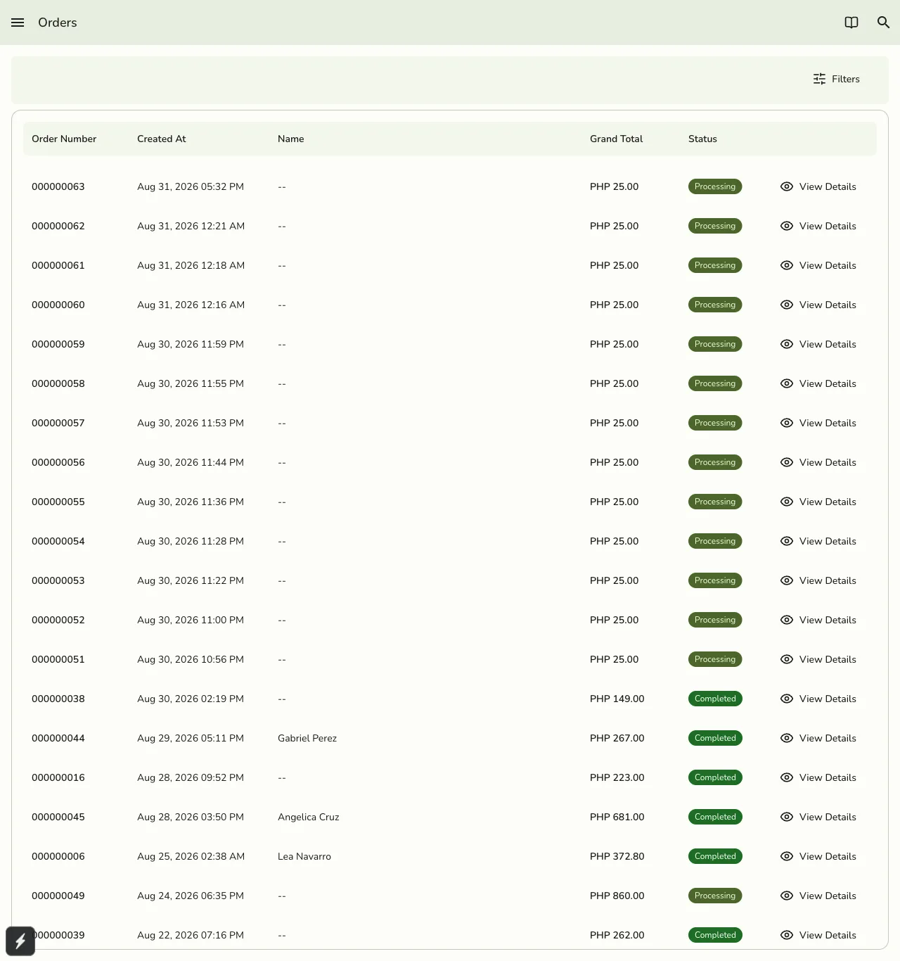 The Orders screen in Fuze Store listing order number, created date, customer name, grand total, and status for every sale