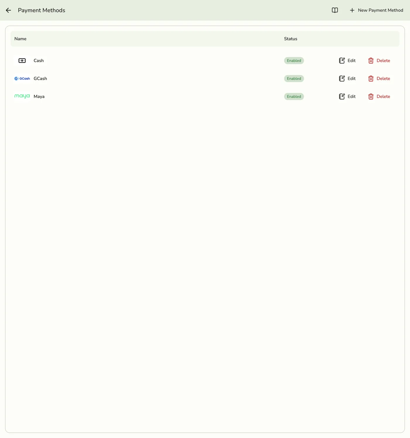 The Payment Methods screen in Fuze Store
