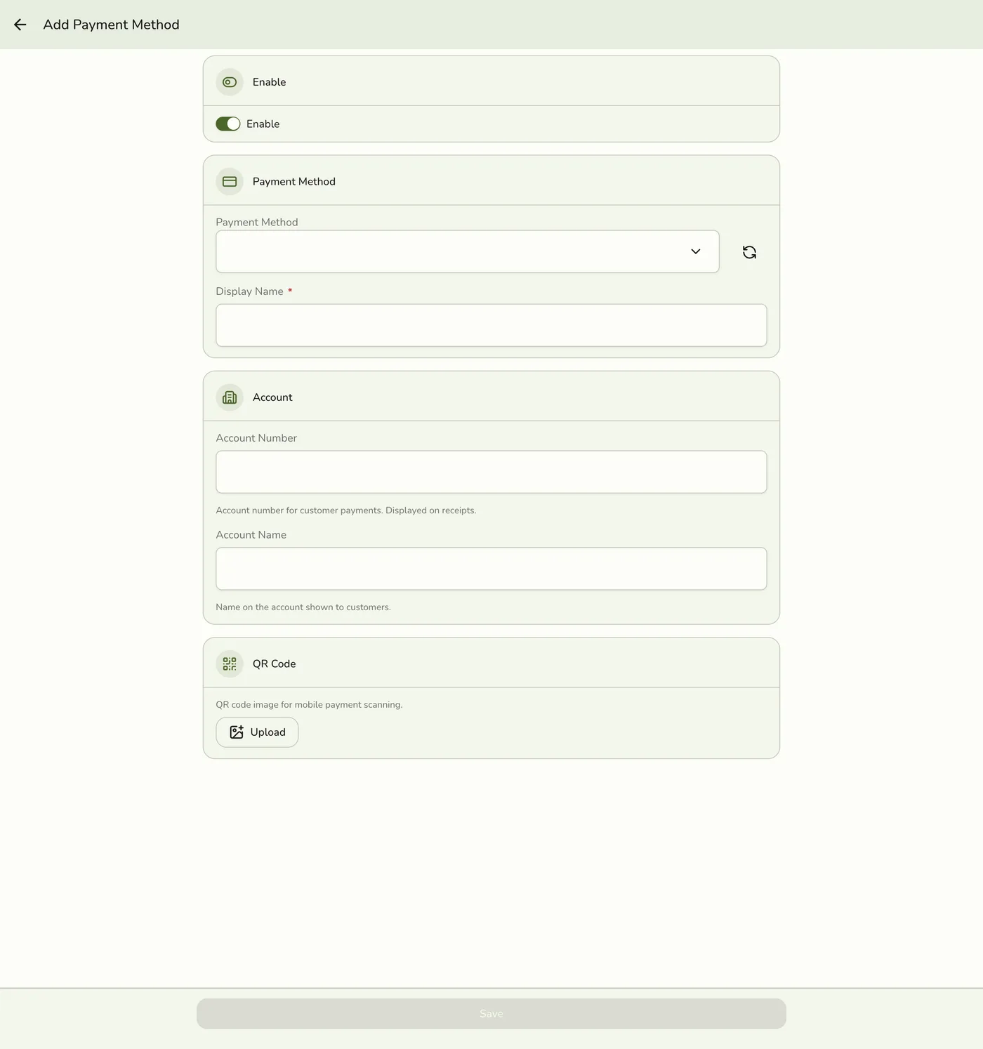 The new Payment Method form in Fuze Store, empty and ready to fill in