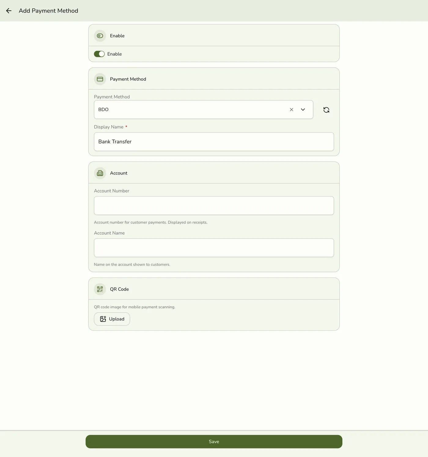 The new Payment Method form with a catalog type and display name filled in