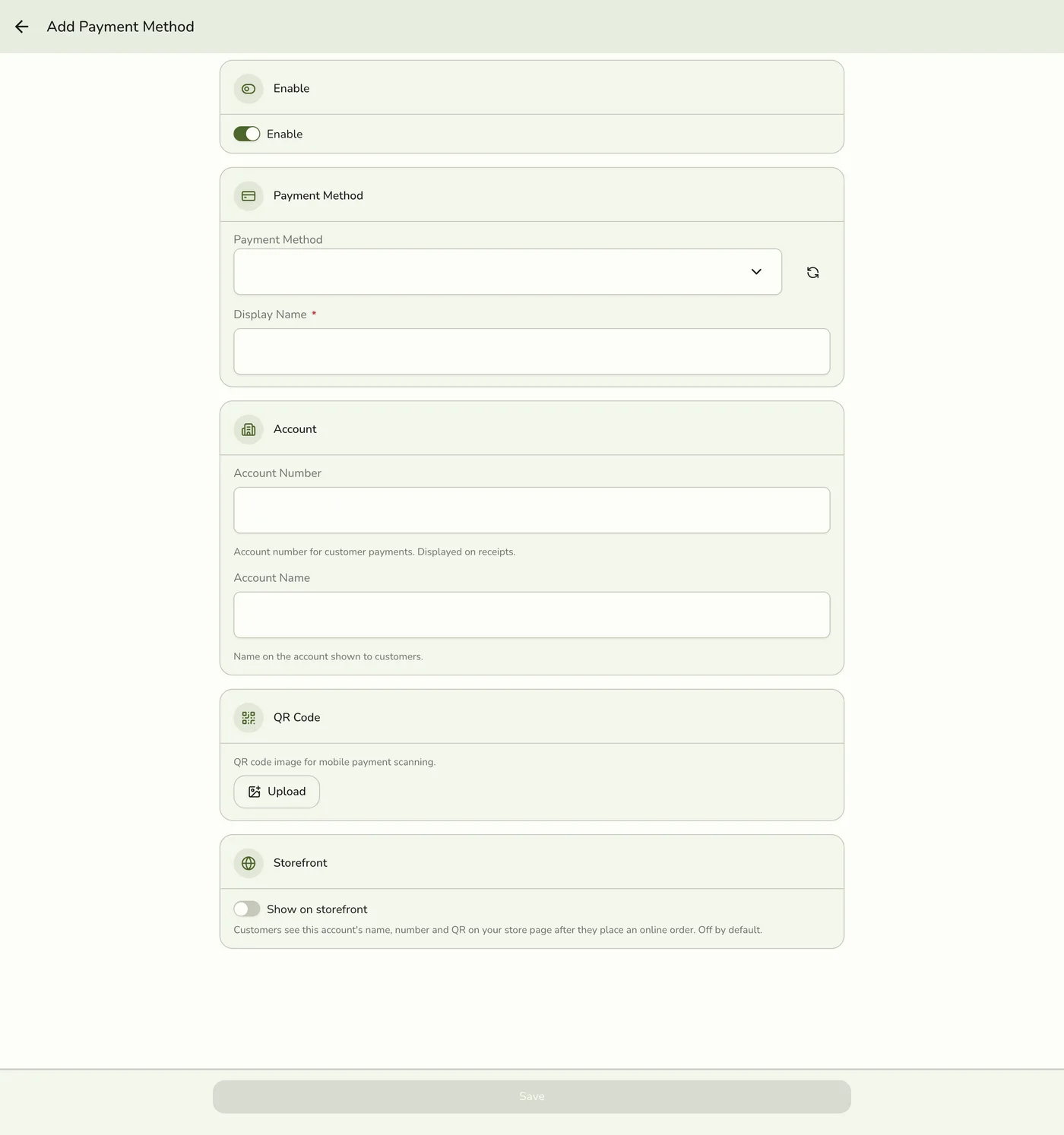 The Show on storefront switch on the payment method form