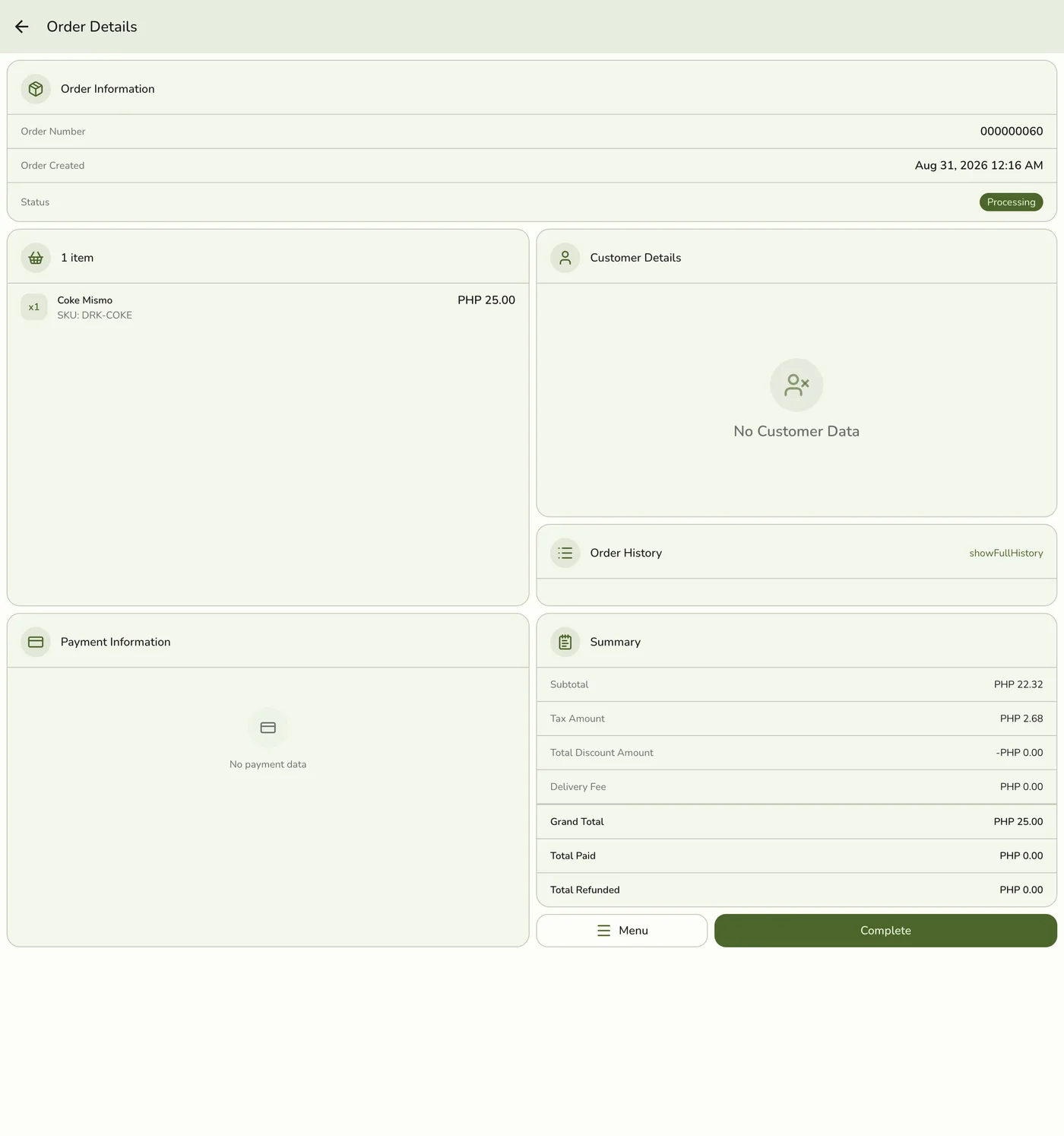 The order detail screen for a Processing order showing no payment data and a Total Paid of PHP 0.00