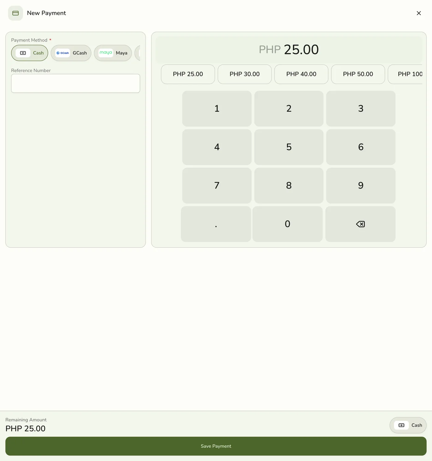The New Payment sheet on an order, showing payment method chips, a numeric keypad, and quick-amount buttons