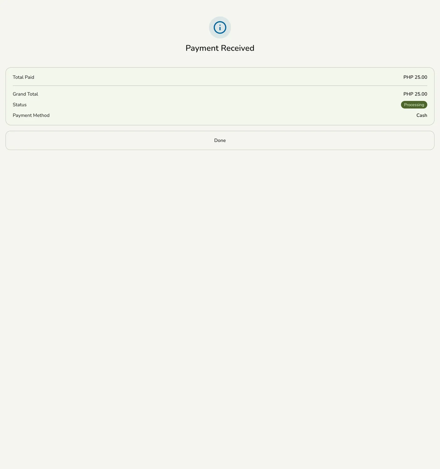 The Payment Received confirmation showing the total paid, grand total, status, and payment method