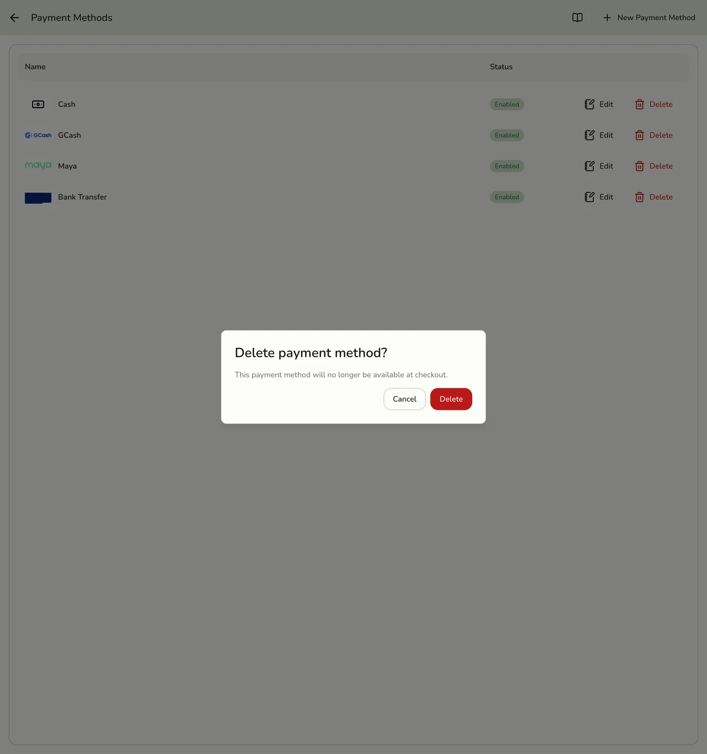The confirmation dialog shown before a payment method is removed