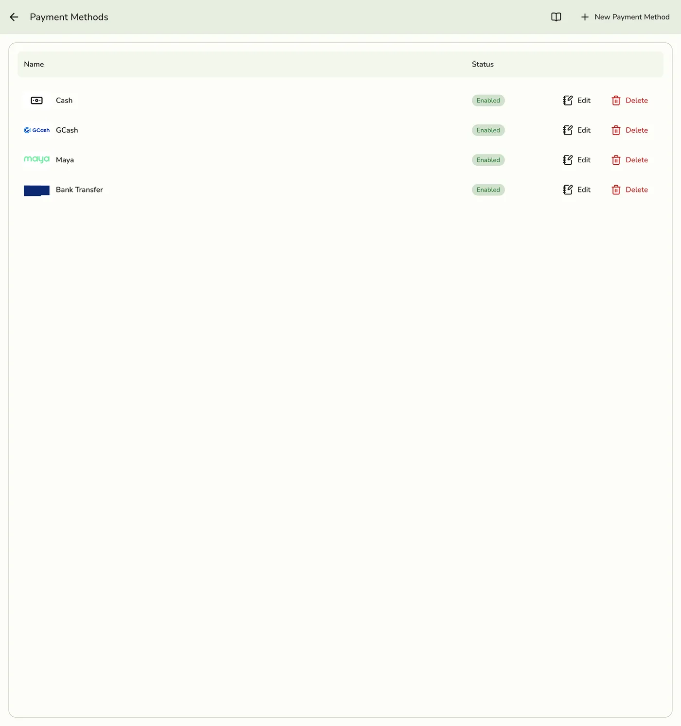 The Payment Methods screen in Fuze Store