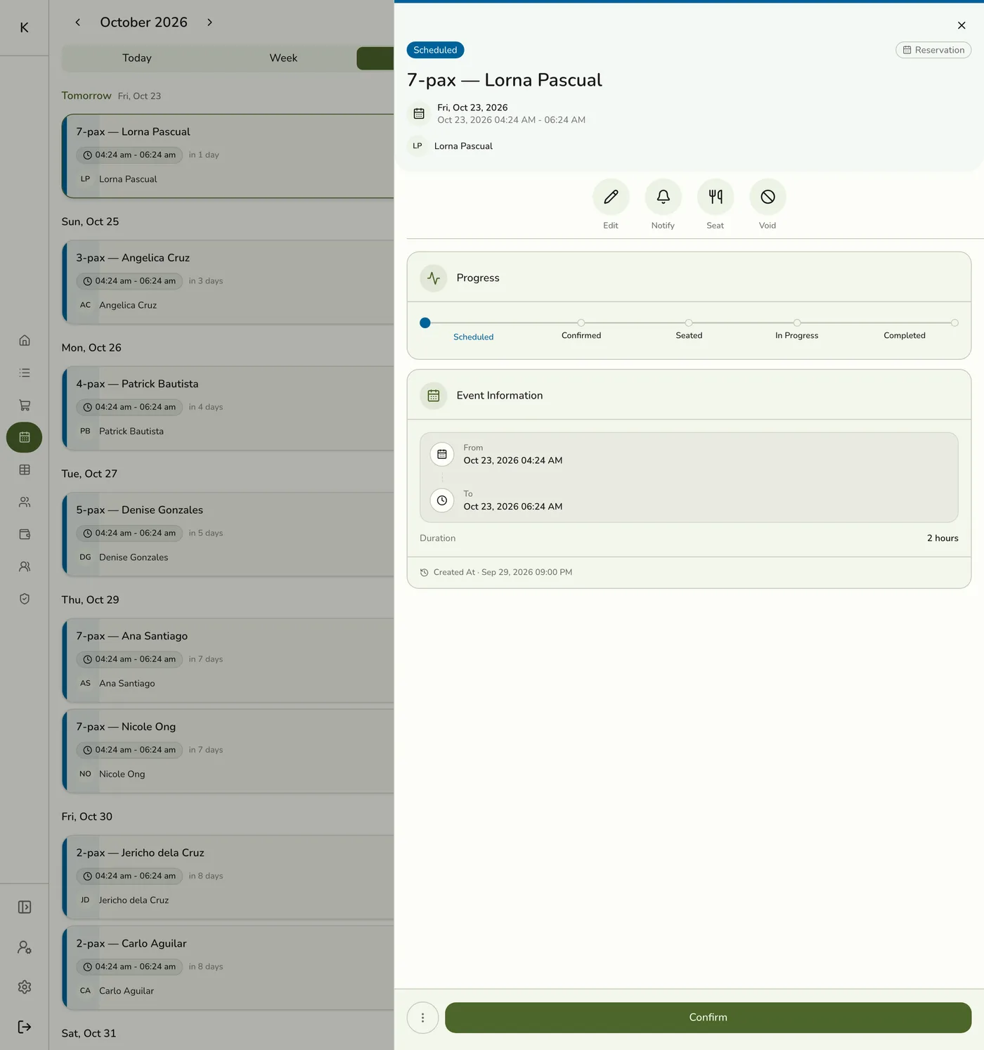 A booking's detail screen