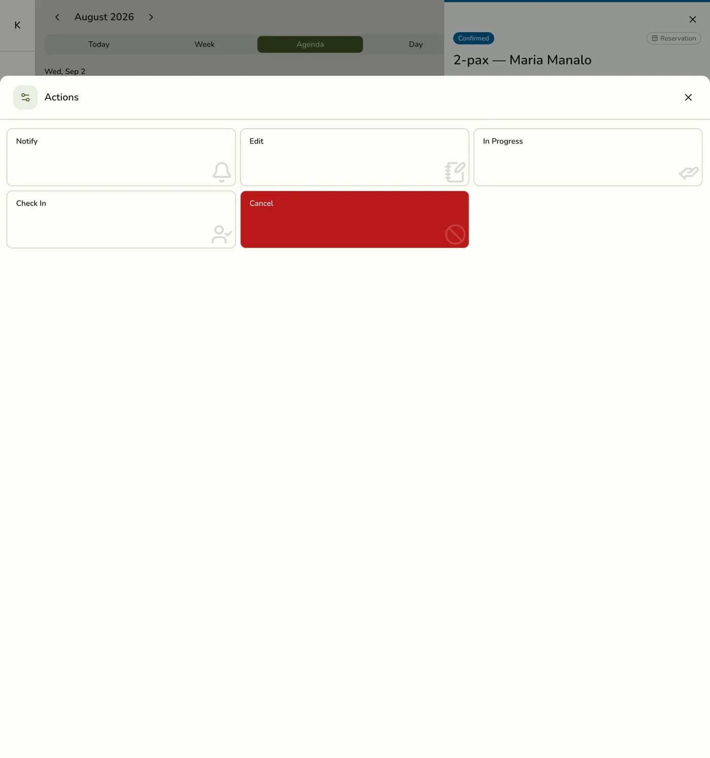 The Actions menu on an event detail panel in Fuze Store, showing Notify, Edit, In Progress, Check In, and a red Cancel action separate from Void Items