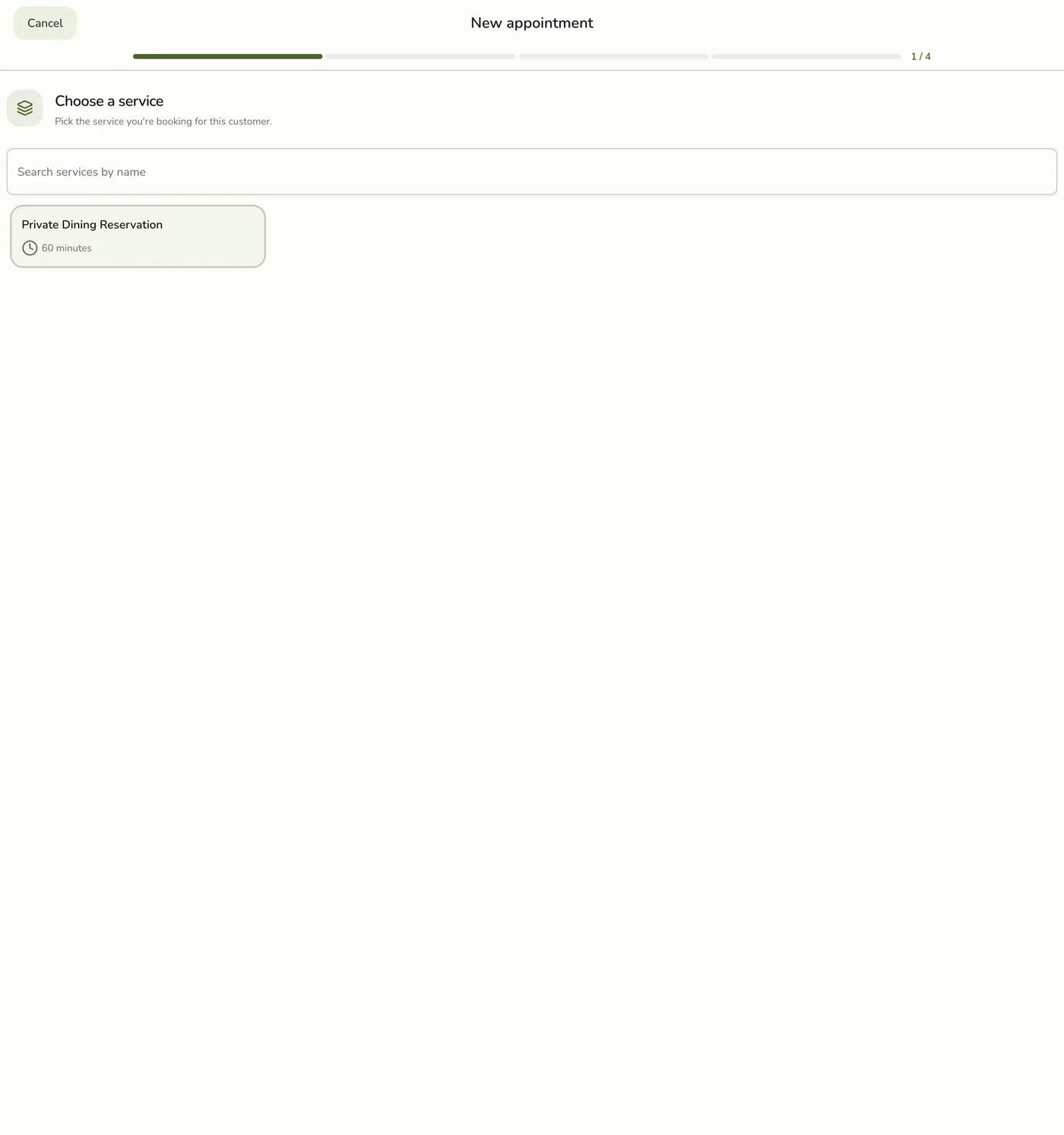 The New Appointment form in Fuze Store showing the Choose a service step with a search field and the list of bookable services