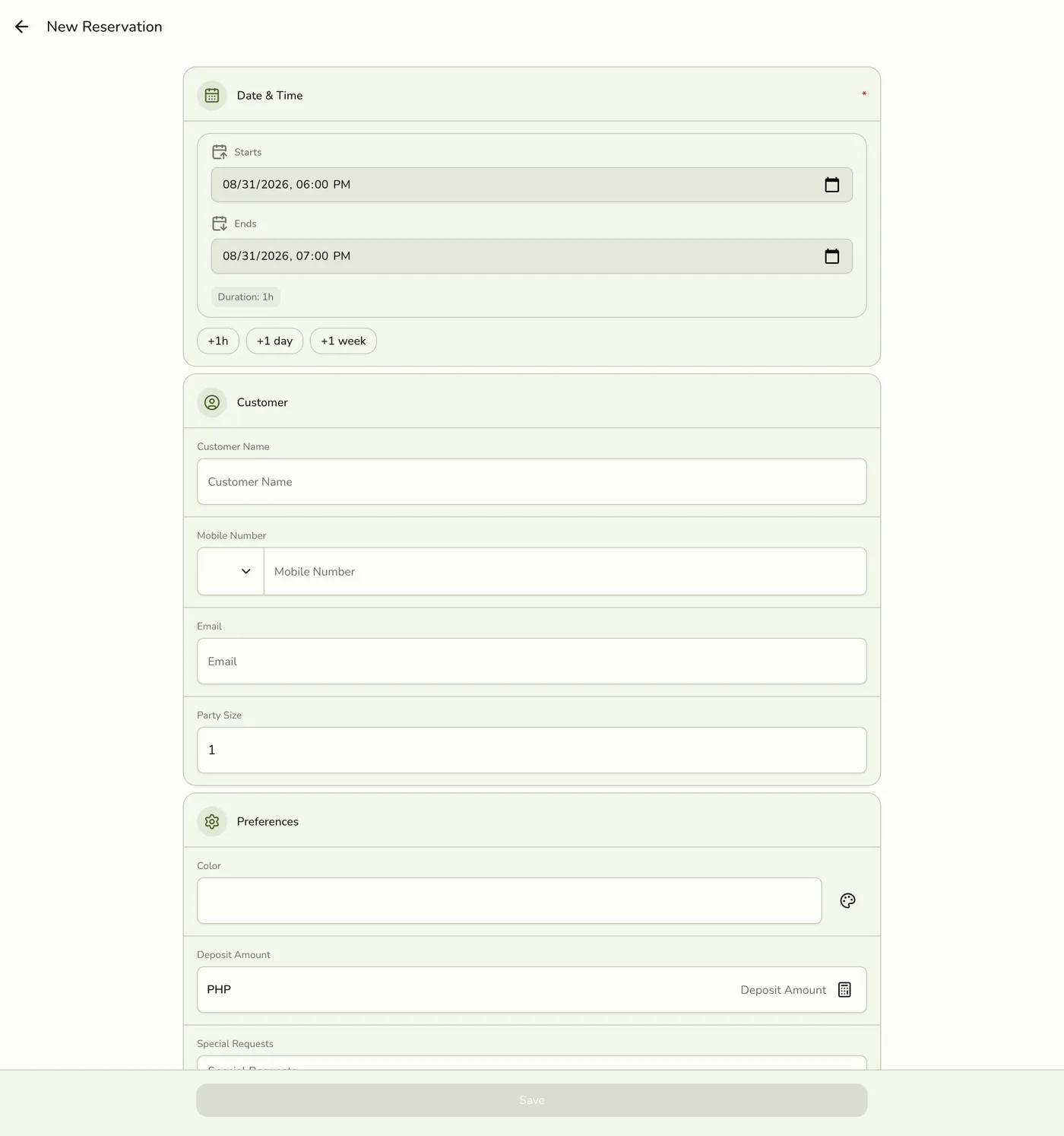 The New Reservation form in Fuze Store showing Date & Time, Customer, and Party Size fields, plus Preferences for color and deposit amount
