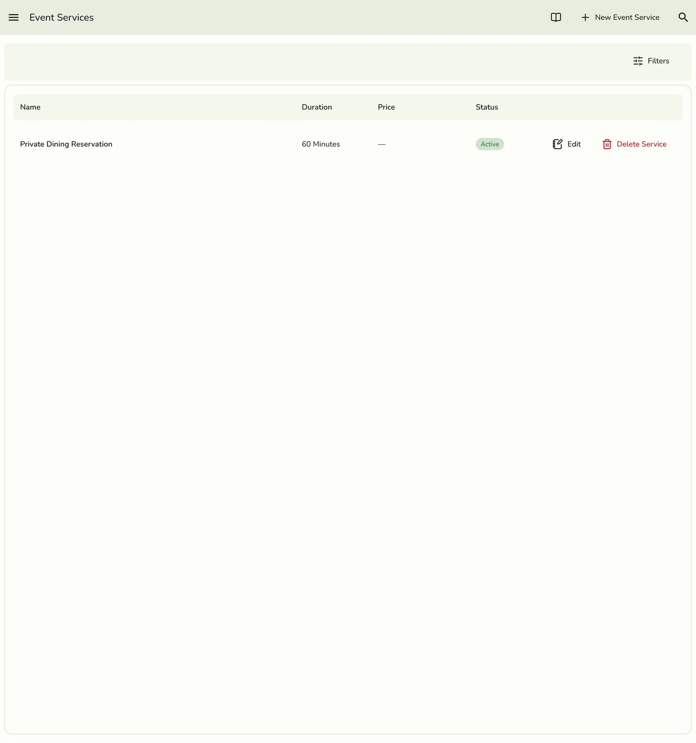 The Event Services screen in Fuze Store listing a Private Dining Reservation service with its duration, price, status, and Edit / Delete Service actions