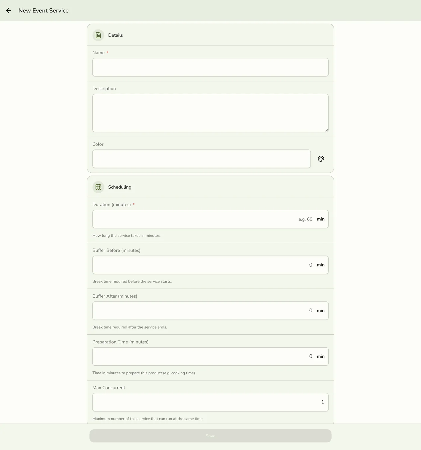 The new Event Service form in Fuze Store showing the Details section (Name, Description, Color) and the Scheduling section (Duration, buffers, preparation time, max concurrent), empty and ready to fill in