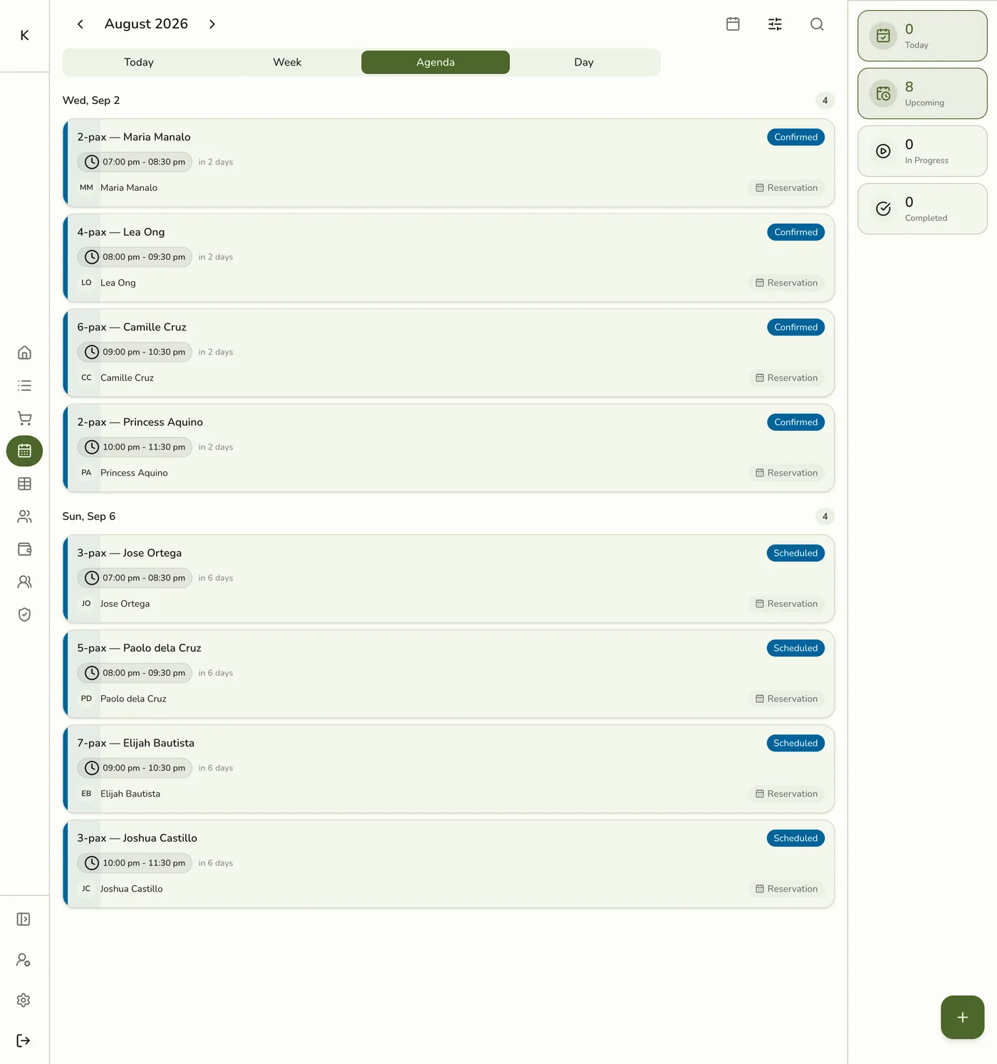The Events schedule board in Fuze Store, Agenda view, showing upcoming Confirmed and Scheduled reservations grouped by day, with Today/Upcoming/In Progress/Completed counters