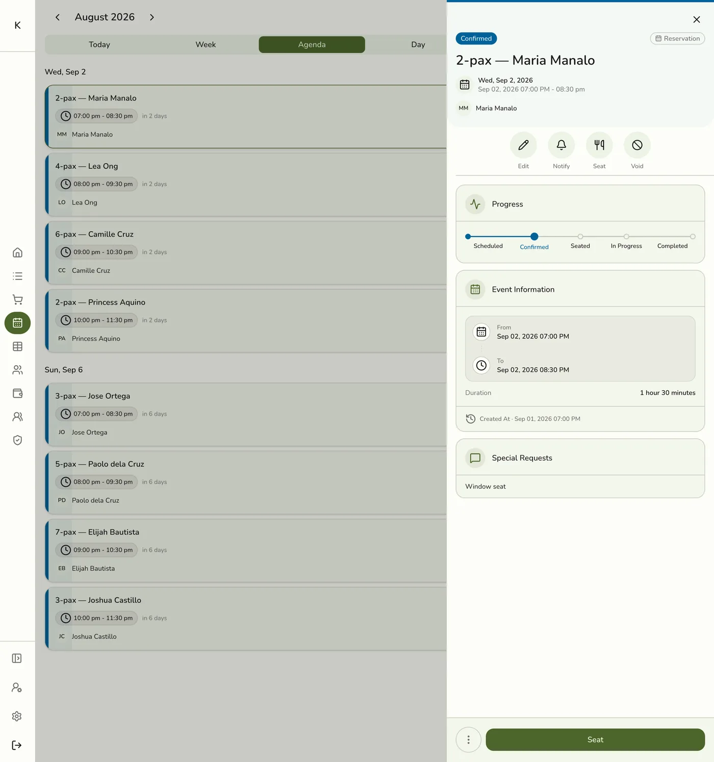 An event detail panel in Fuze Store showing Edit, Notify, Seat, and Void actions, a status Progress tracker, Event Information, and Special Requests
