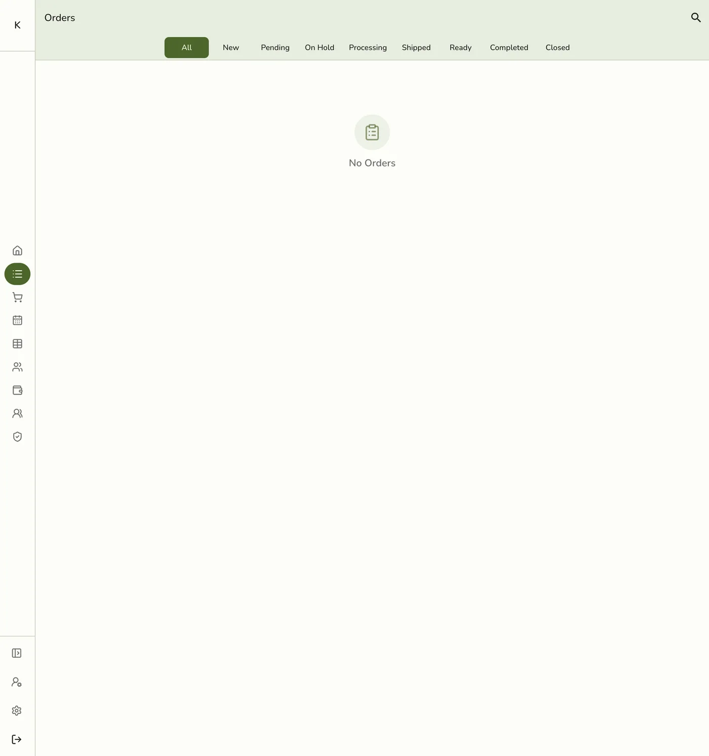 The POS Orders screen in Fuze Store showing status tabs (All, New, Pending, On Hold, Processing, Shipped, Ready, Completed, Closed)