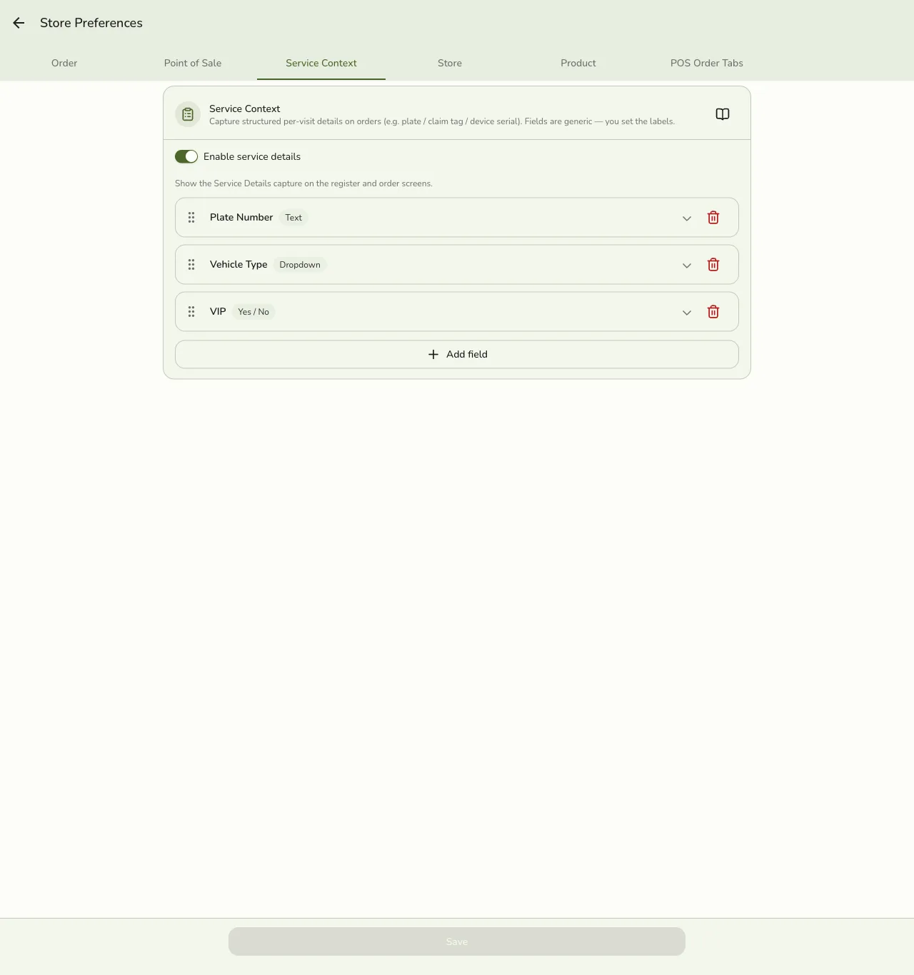 The Service Context editor with an enable toggle and a list of field cards -- Plate Number (Text), Vehicle Type (Dropdown), and VIP (Yes / No) -- each with a drag handle and a delete button