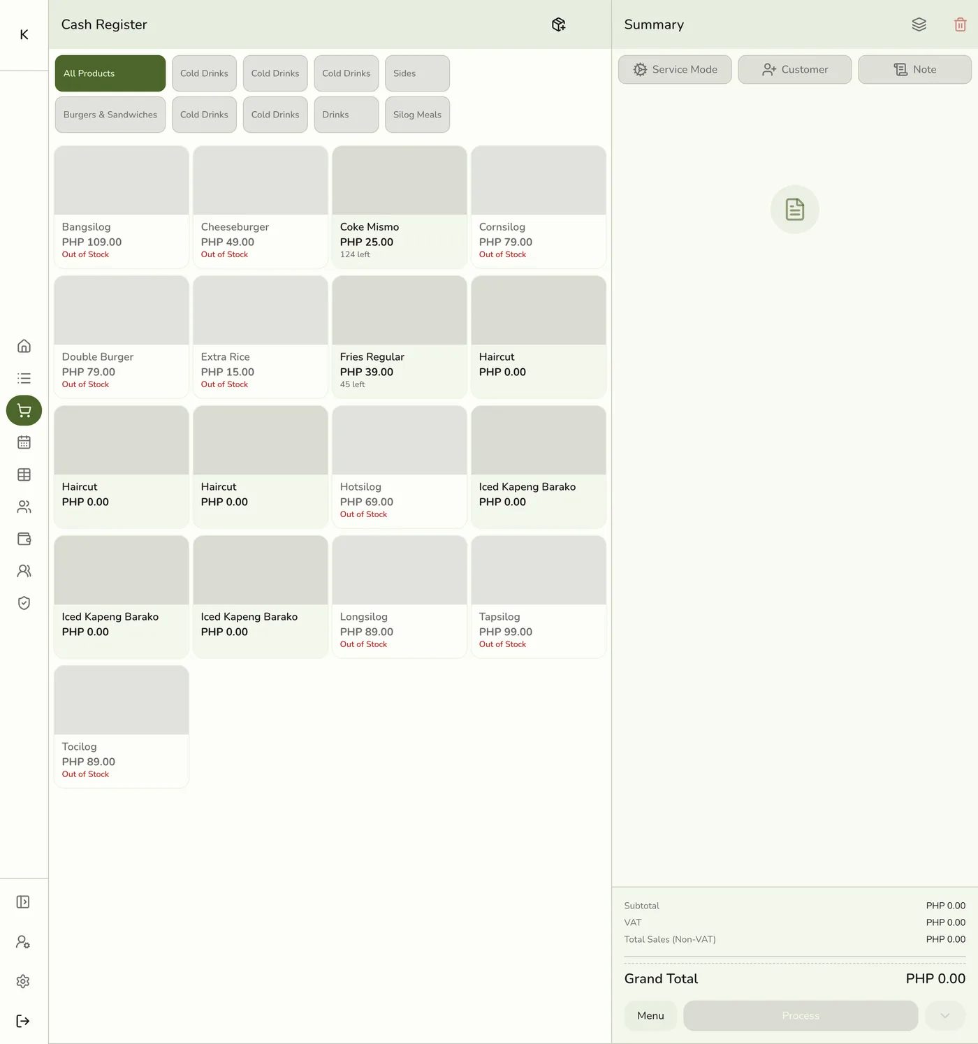 The Cash Register screen in Fuze Store showing category chips, an item grid with prices and stock, and an order Summary panel with Service Mode, Customer, and Note controls