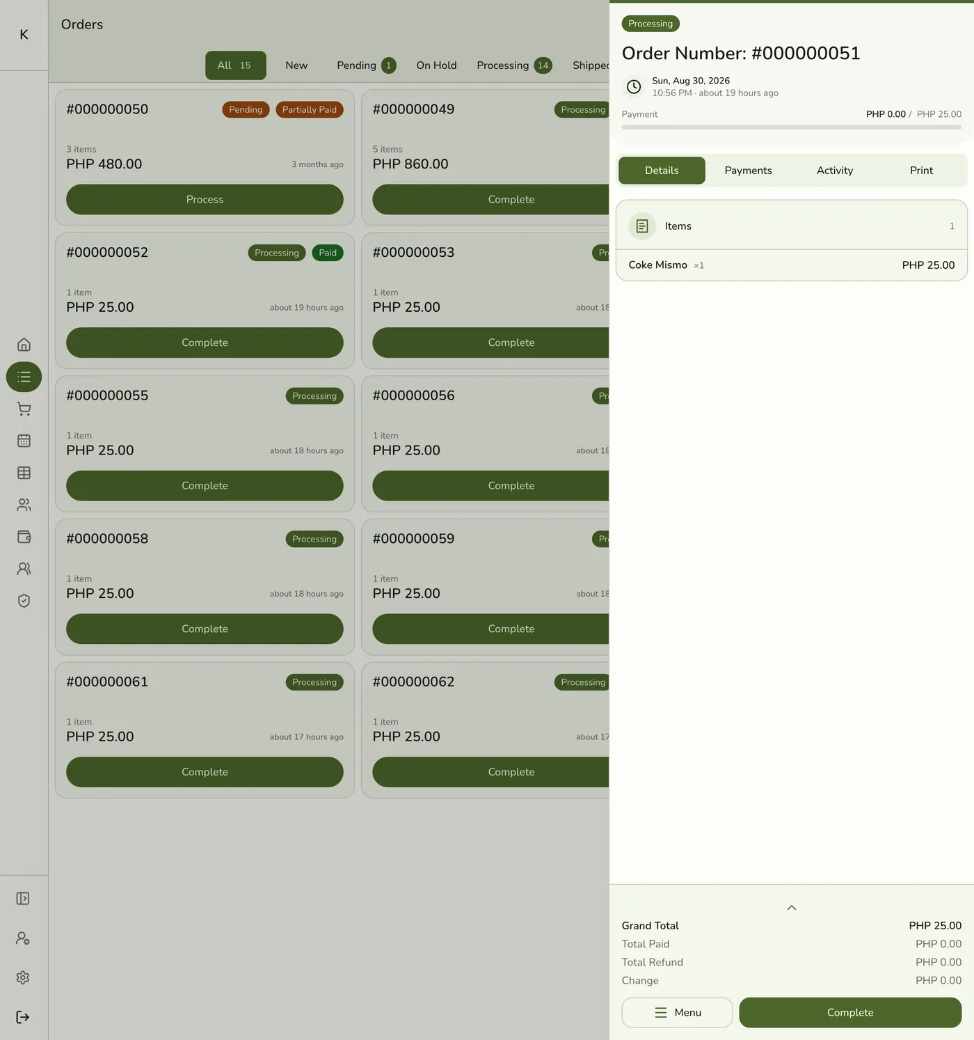 A POS order detail panel in Fuze Store showing an unpaid Processing order with a Menu action