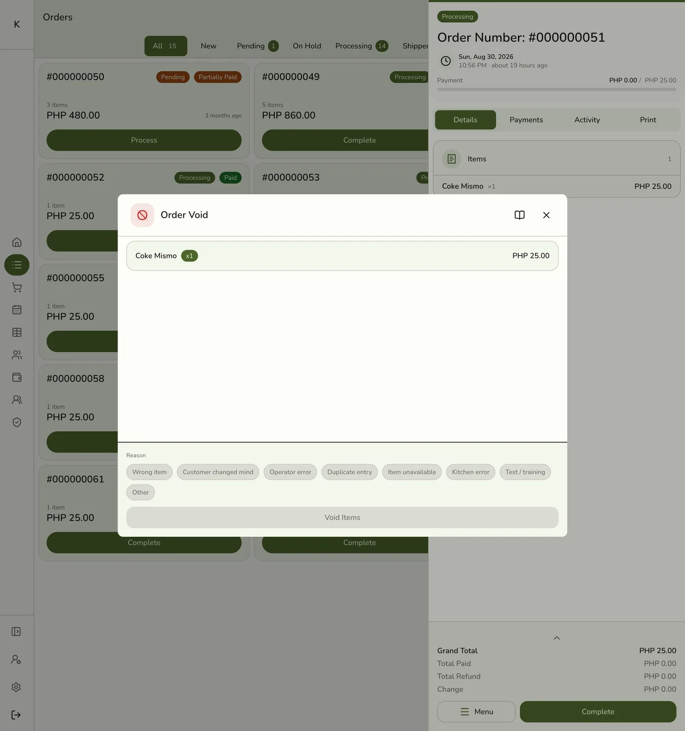 The Order Void dialog in Fuze Store showing the selected item and a row of reason chips like Wrong item, Customer changed mind, and Item unavailable