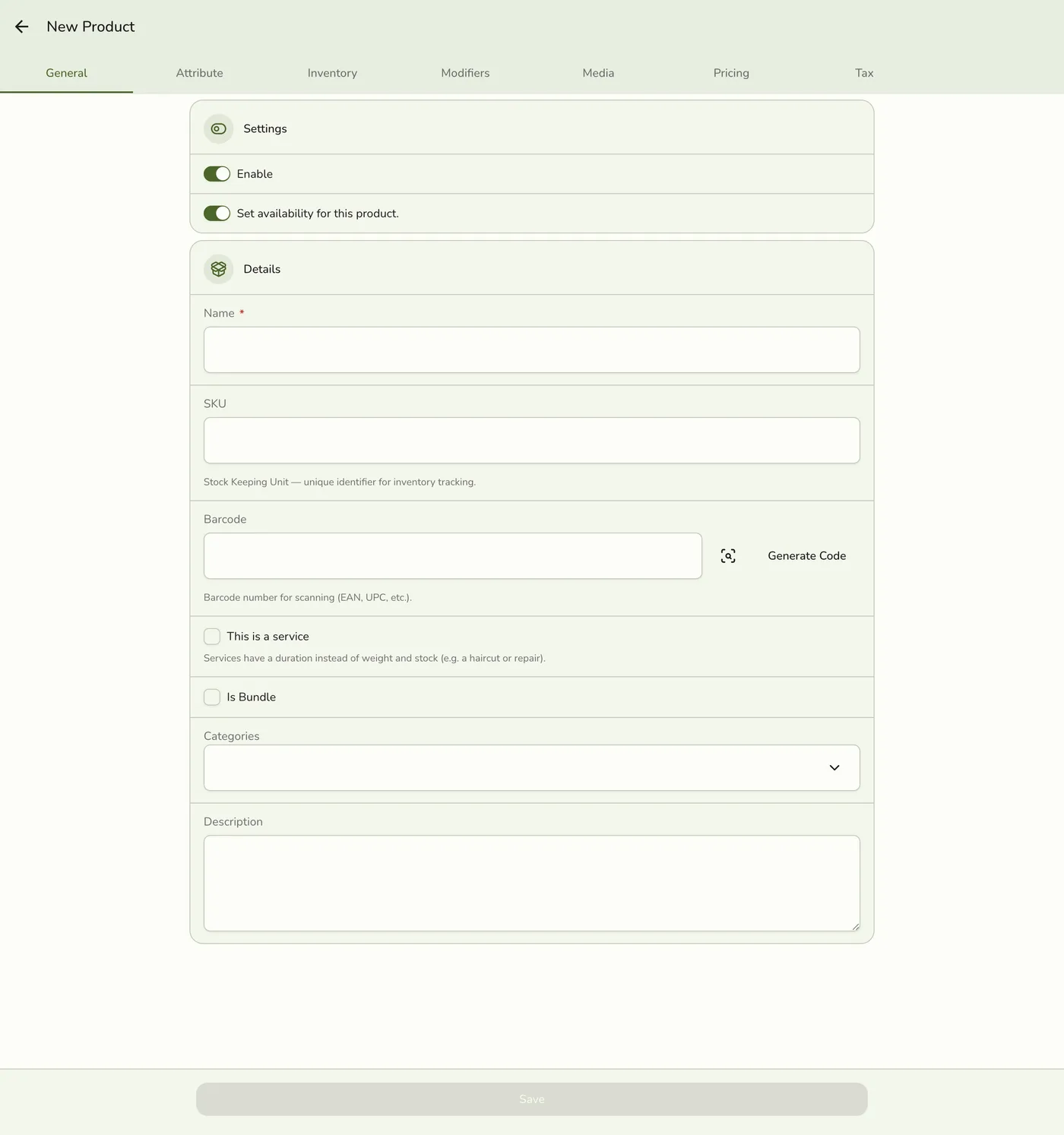 The new Product form in Fuze Store, empty and ready to fill in