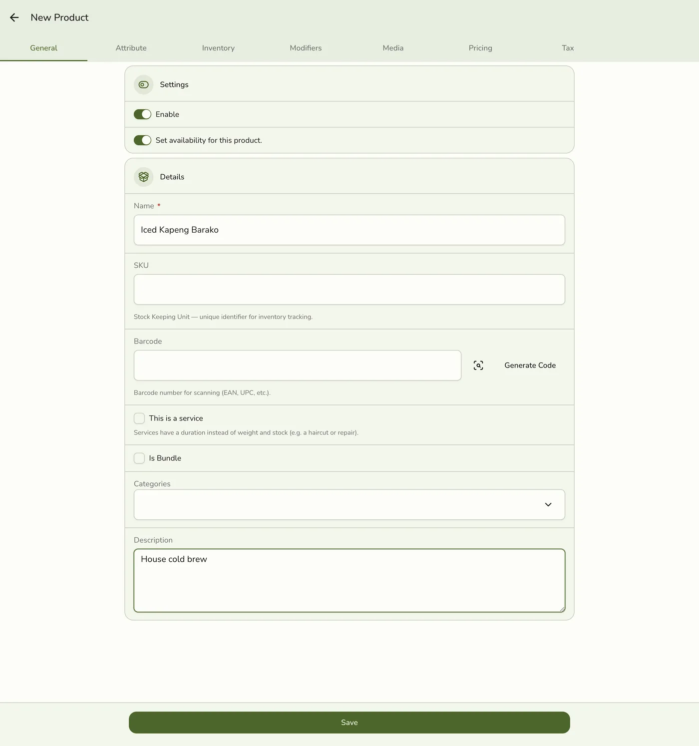 The New Product form with Name and Description filled in