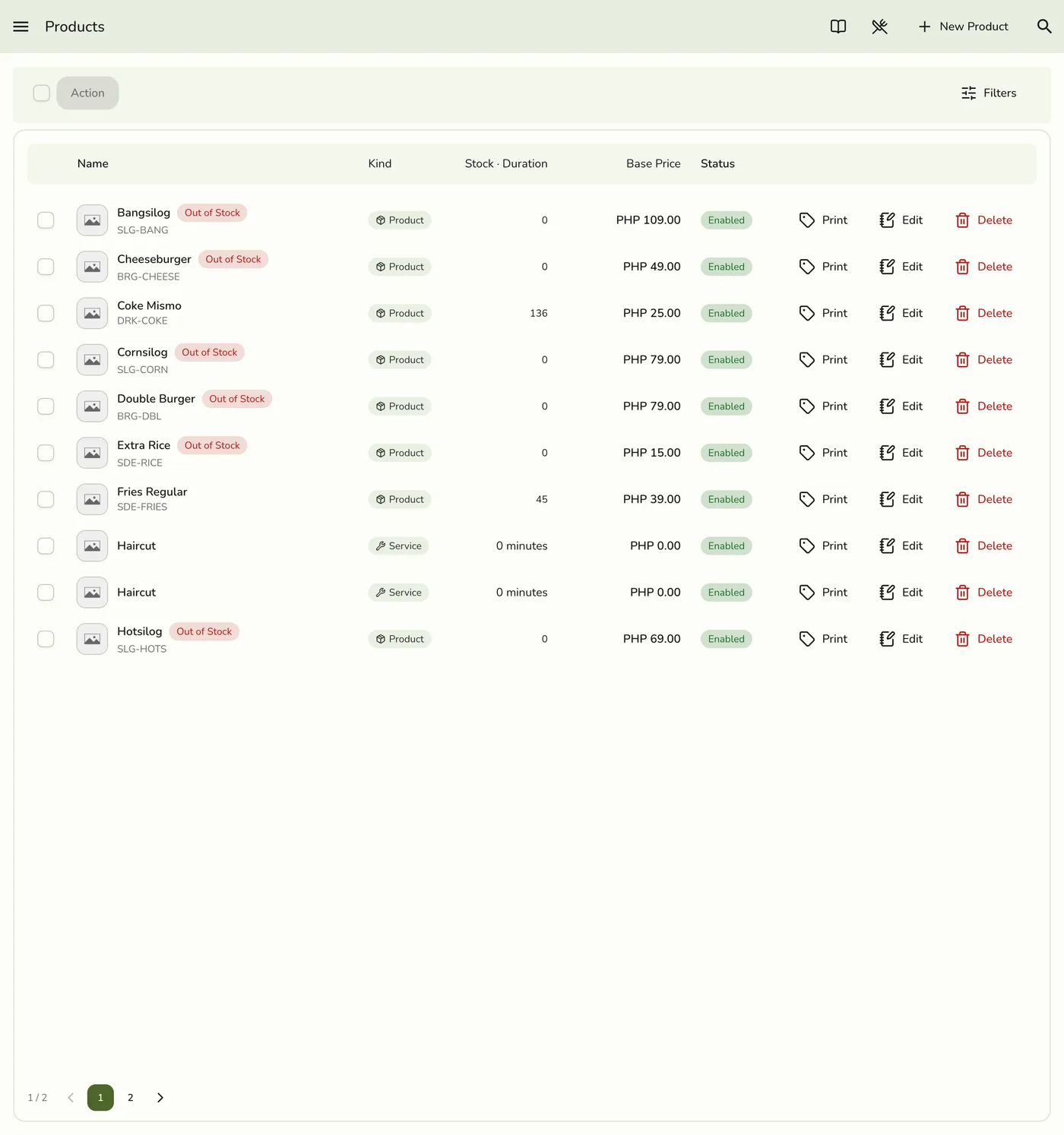 The newly created product shown in the Products list