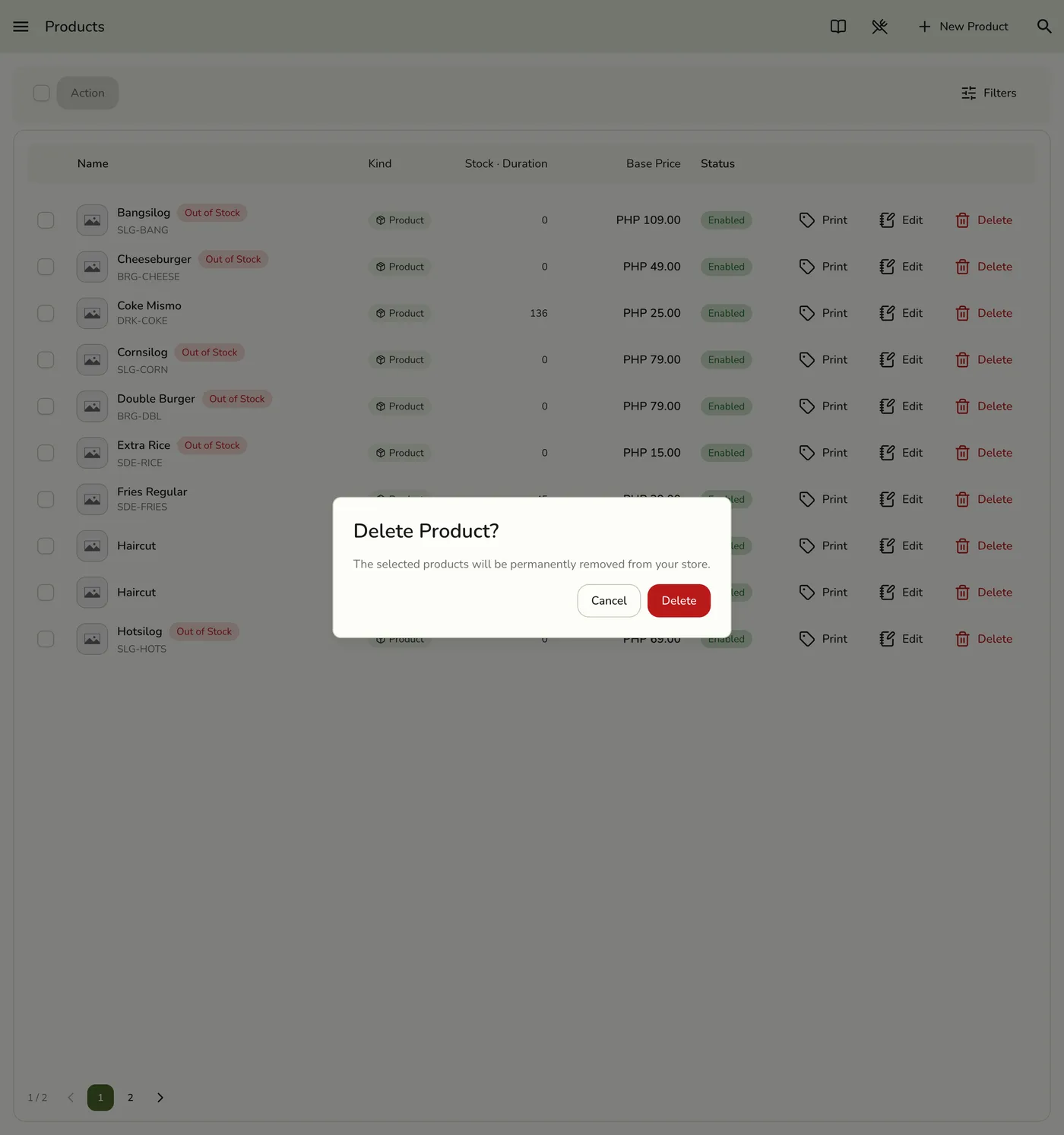 The confirmation dialog shown before a product is deleted