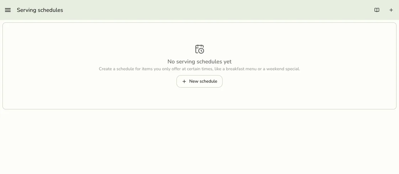 The Serving Schedules screen listing a store's schedules, each with its live status and item count