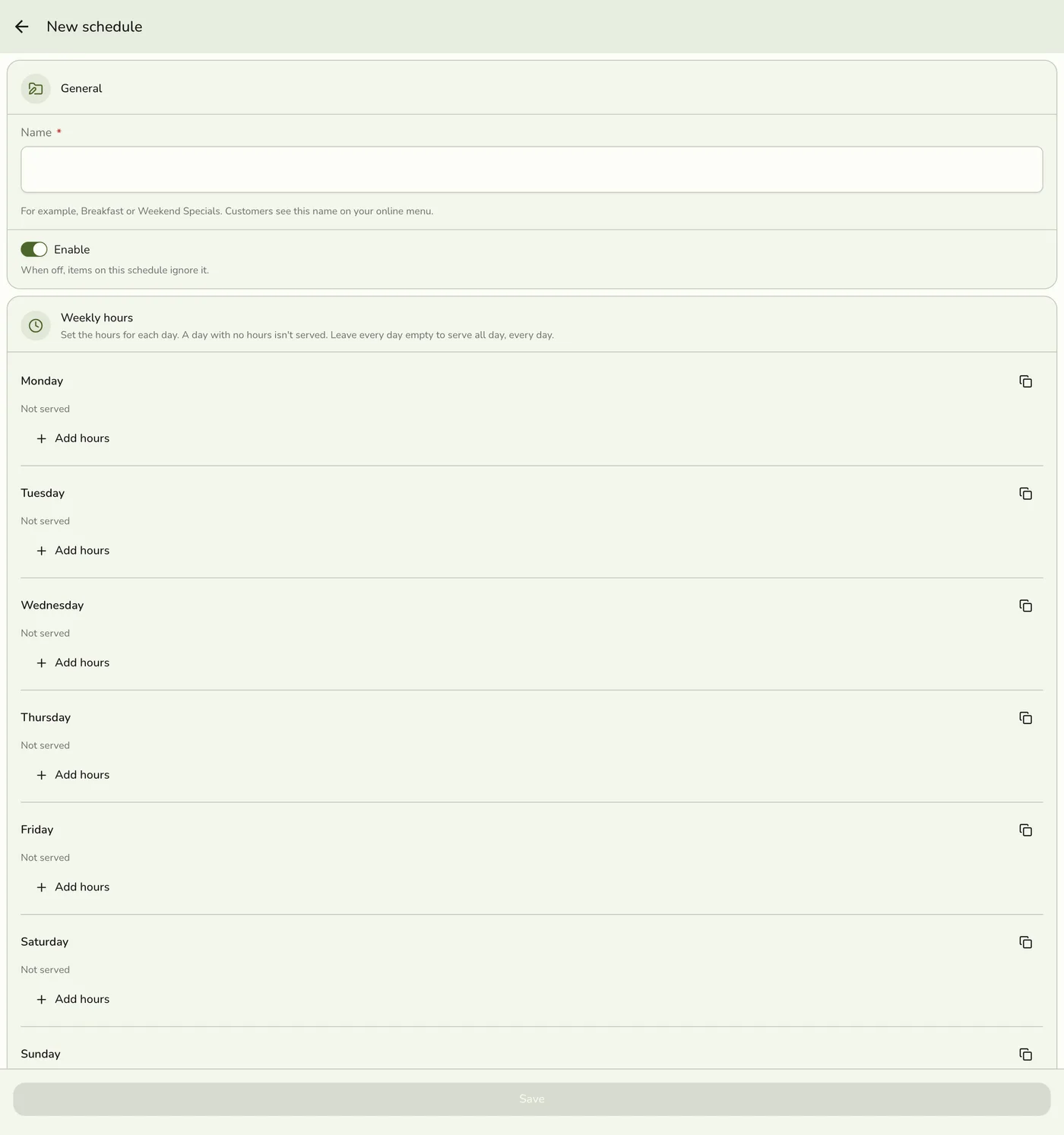 The new schedule form's General section with the Name field and the Enable switch