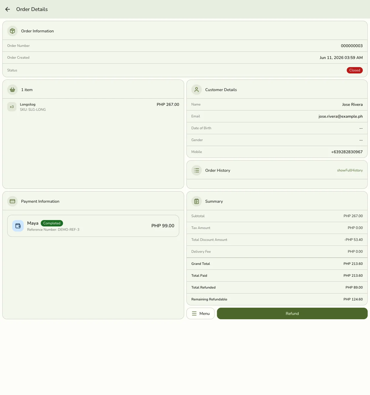 A Closed order's details screen in Fuze Store showing Total Paid, Total Refunded, Remaining Refundable, and a Refund button