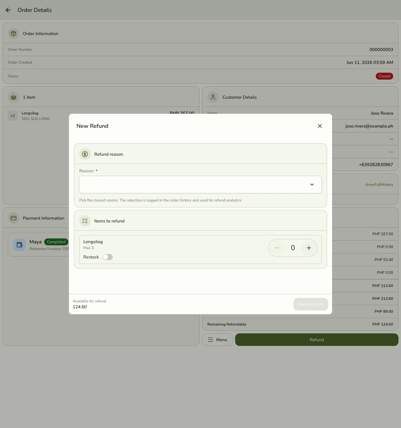 The New Refund dialog in Fuze Store with a Refund reason picker and an Items to refund section with a quantity stepper and Restock toggle