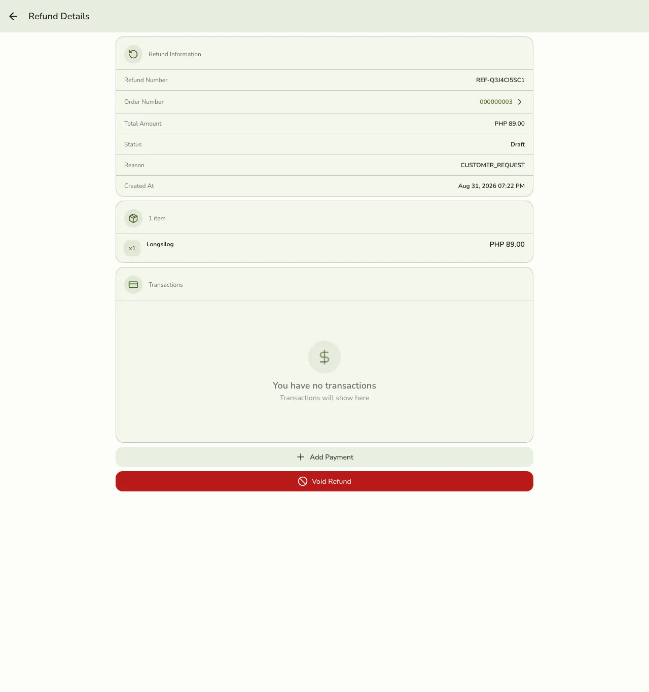 The Refund Details screen in Fuze Store showing Draft status, the refunded item, an empty Transactions section, and Add Payment / Void Refund buttons