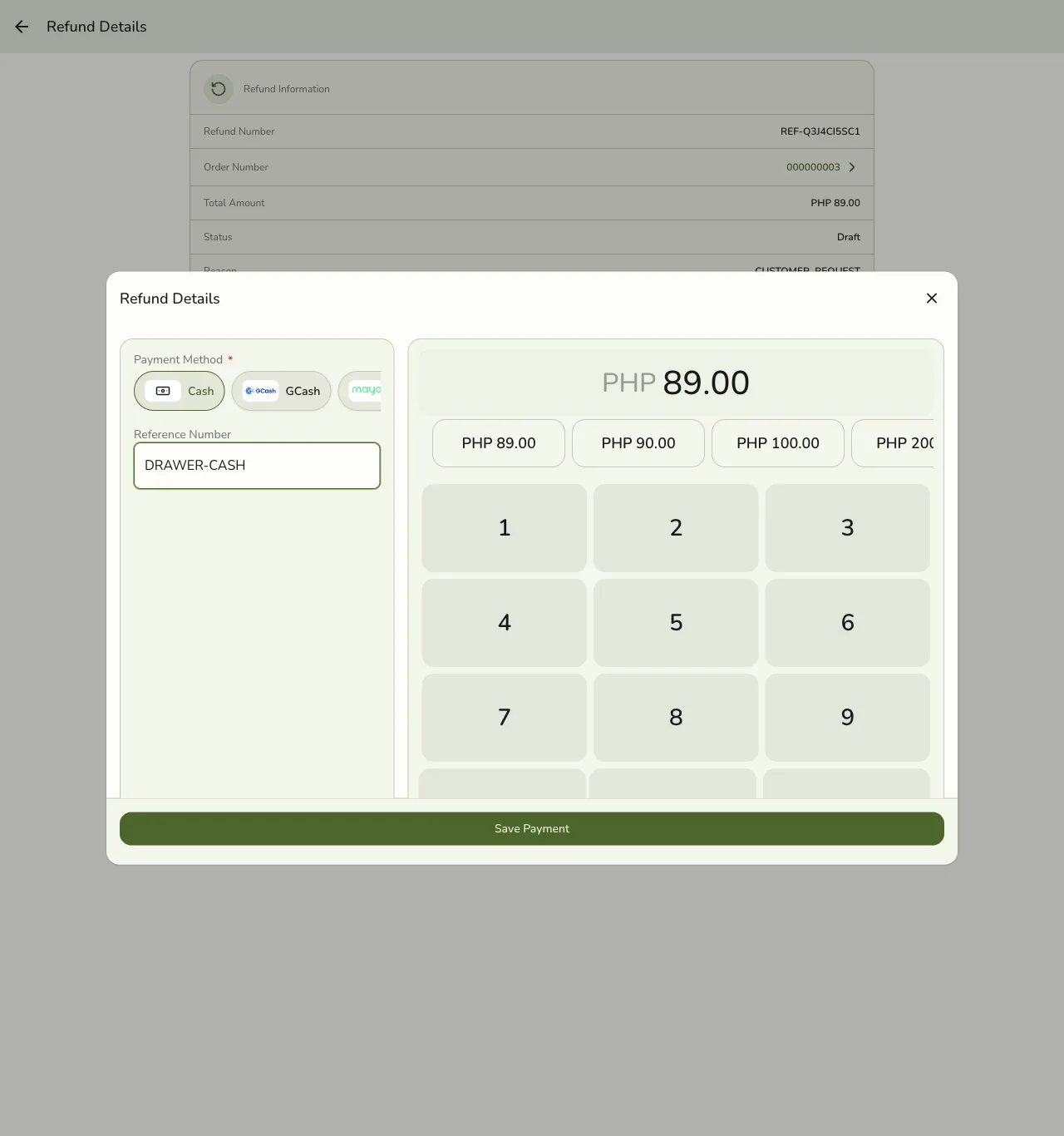 The Add Payment dialog in Fuze Store with Cash selected as the payment method, a Reference Number field, an amount numpad, and an active Save Payment button