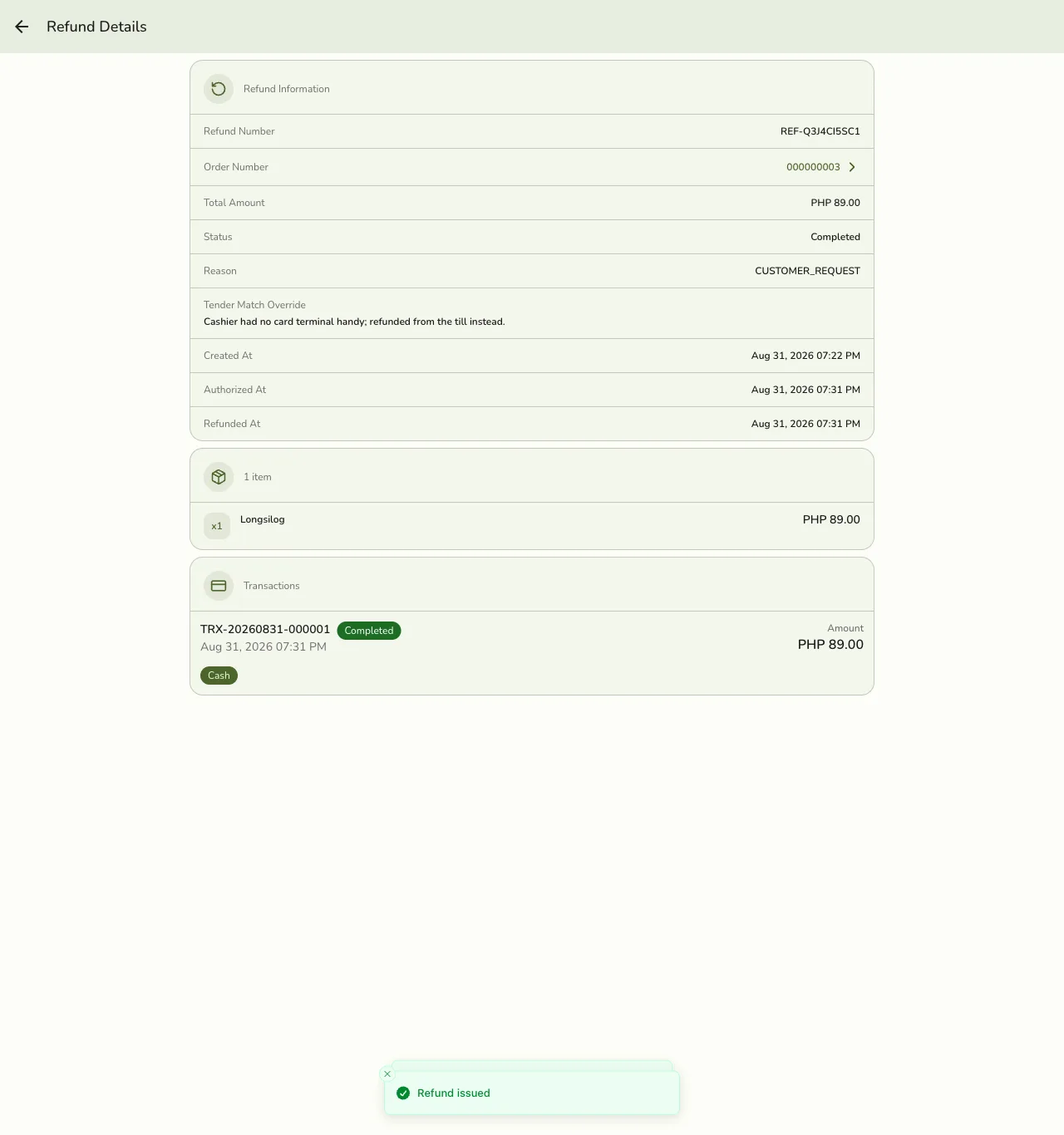 The Refund Details screen in Fuze Store showing Completed status, Authorized At and Refunded At timestamps, and a Completed Cash transaction for the refunded amount