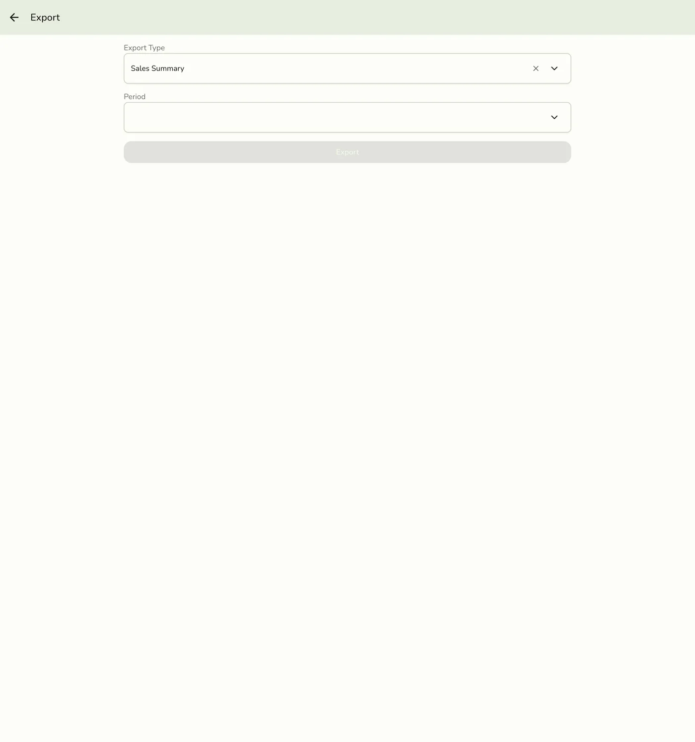 The Export screen in Fuze Store, showing an Export Type field defaulted to Sales Summary and a Period field