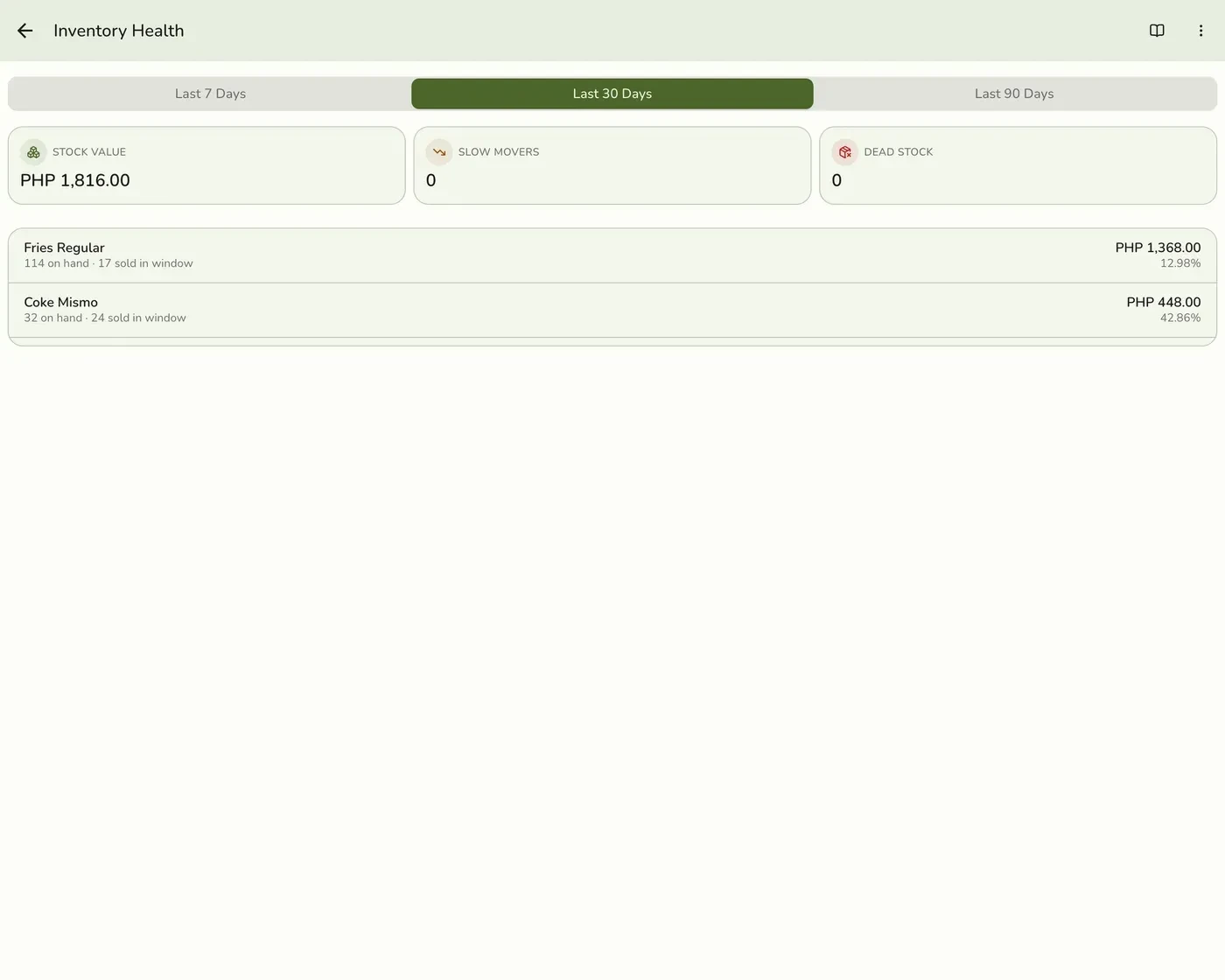 Inventory Health Report: choose how far back to look