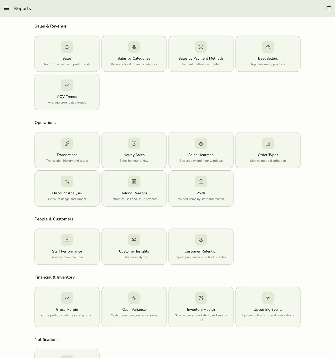 The Reports hub in Fuze Store, showing report cards grouped into Sales & Revenue, Operations, People & Customers, Financial & Inventory, and Notifications sections
