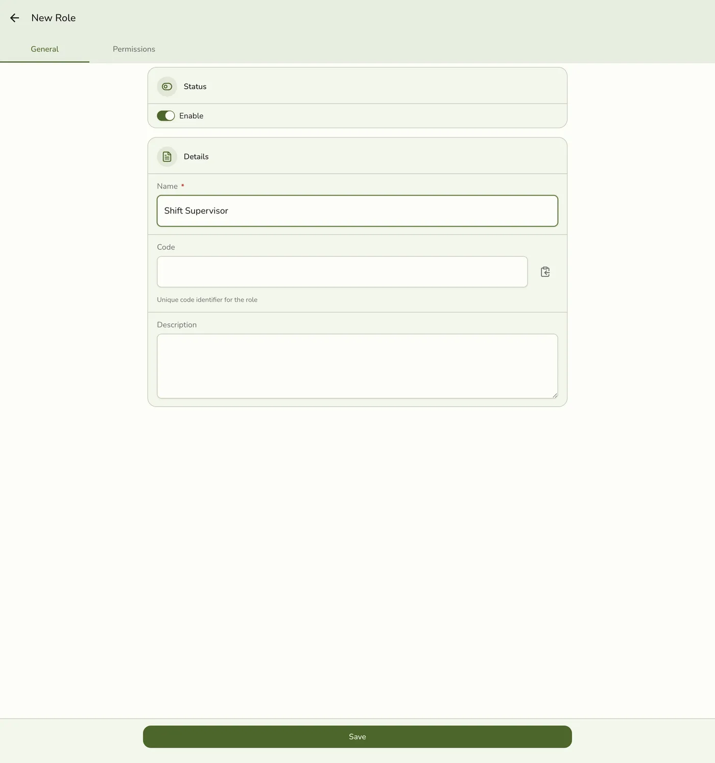 The new Role form with the Name field filled in, plus Code and Description fields and an Enable toggle