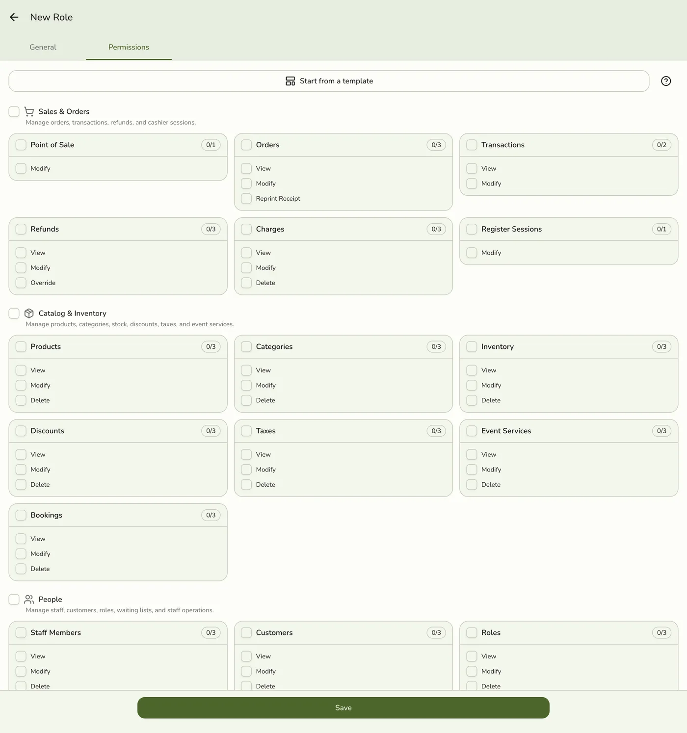 The Permissions tab on the new Role form, with a Start from a template picker at the top and permission toggles grouped by category (Sales & Orders, Catalog & Inventory, People, and more)