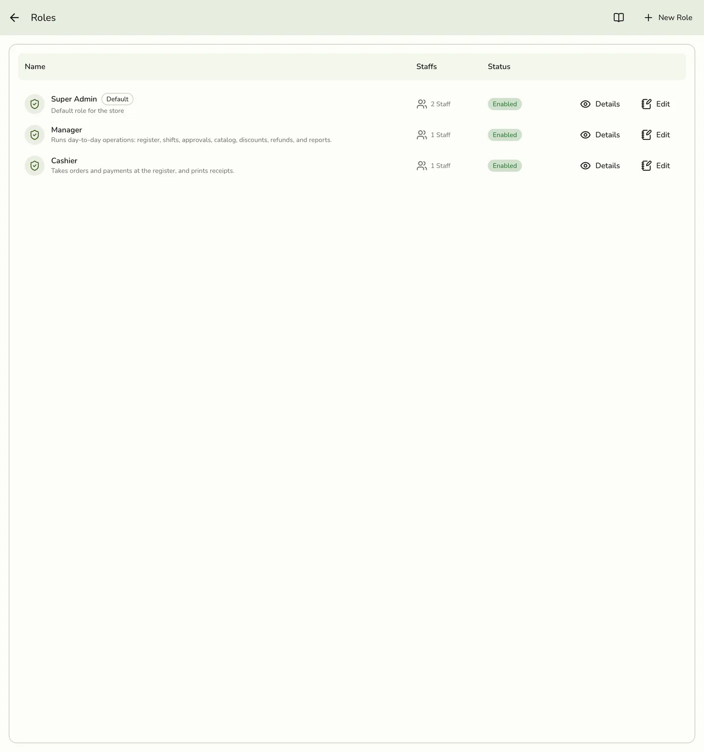 The Roles screen in Fuze Store