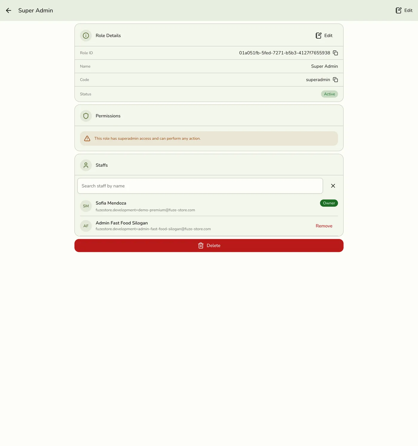 A role's details page in Fuze Store showing Role Details, Permissions, and Staffs sections, with a red Delete button at the bottom